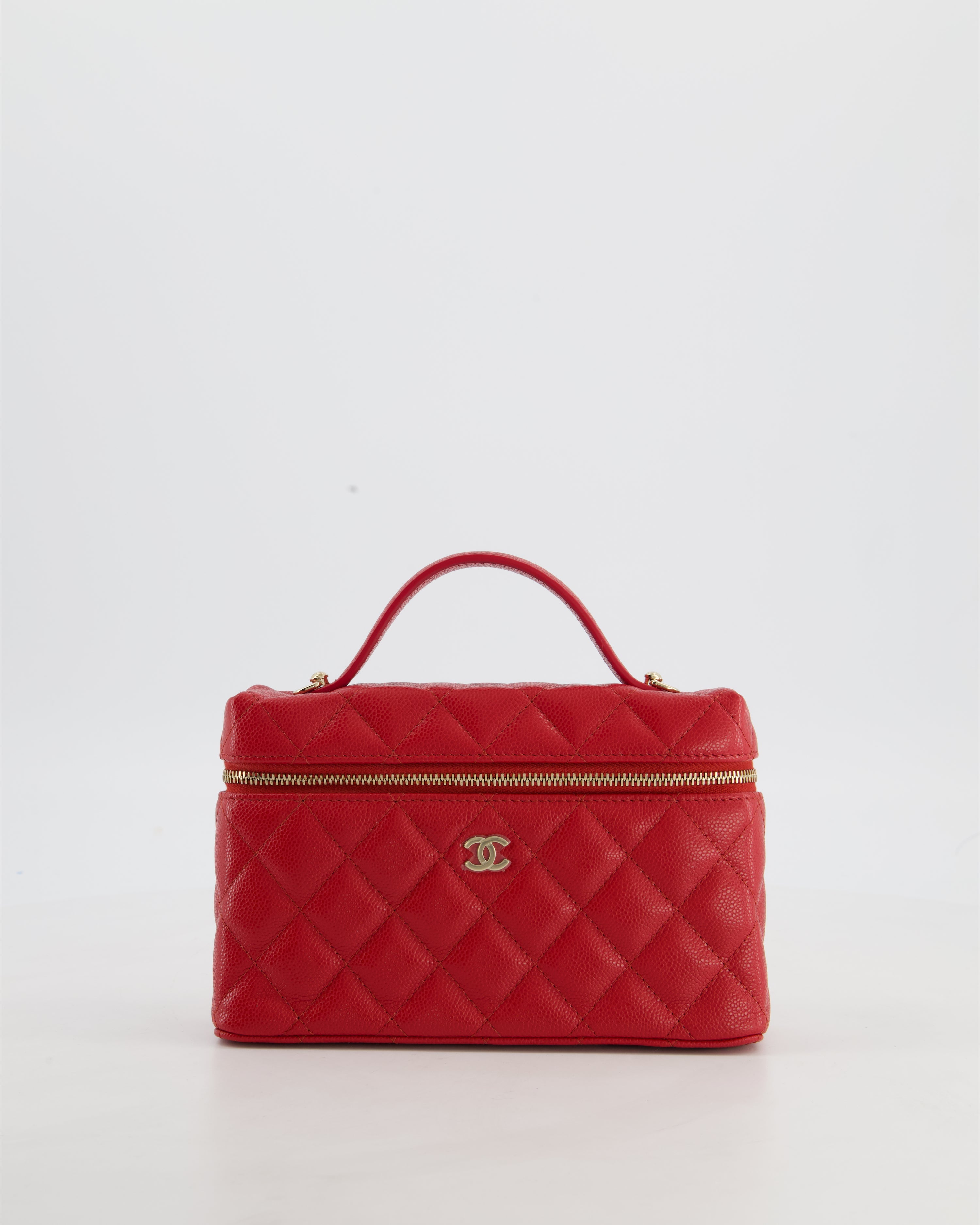 Chanel Red Long Vanity Case Bag in Caviar Leather with Champagne Gold Hardware