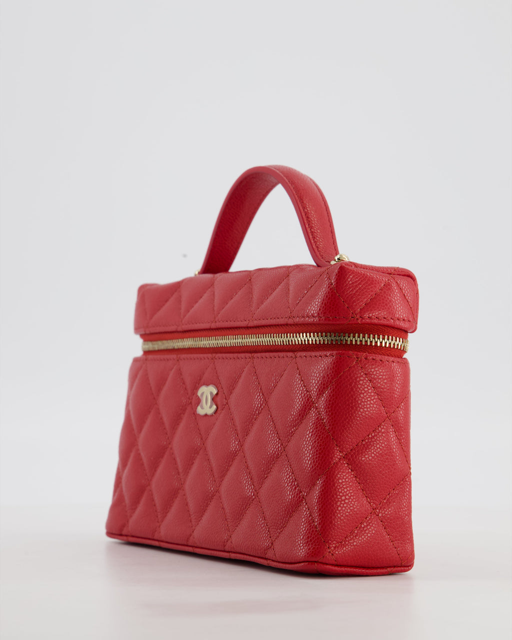 Chanel Red Long Vanity Case Bag in Caviar Leather with Champagne Gold Hardware