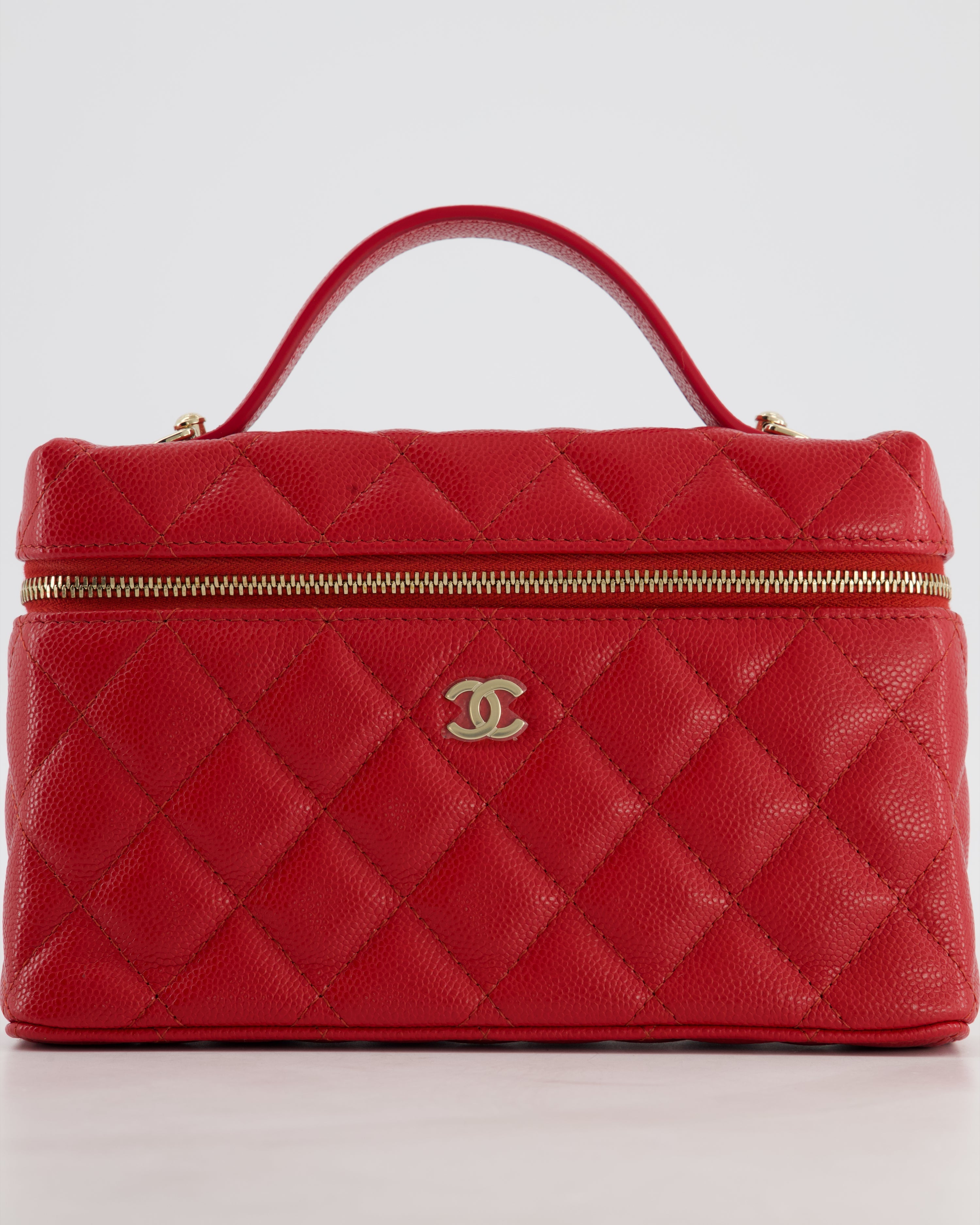 Chanel Red Long Vanity Case Bag in Caviar Leather with Champagne Gold Hardware