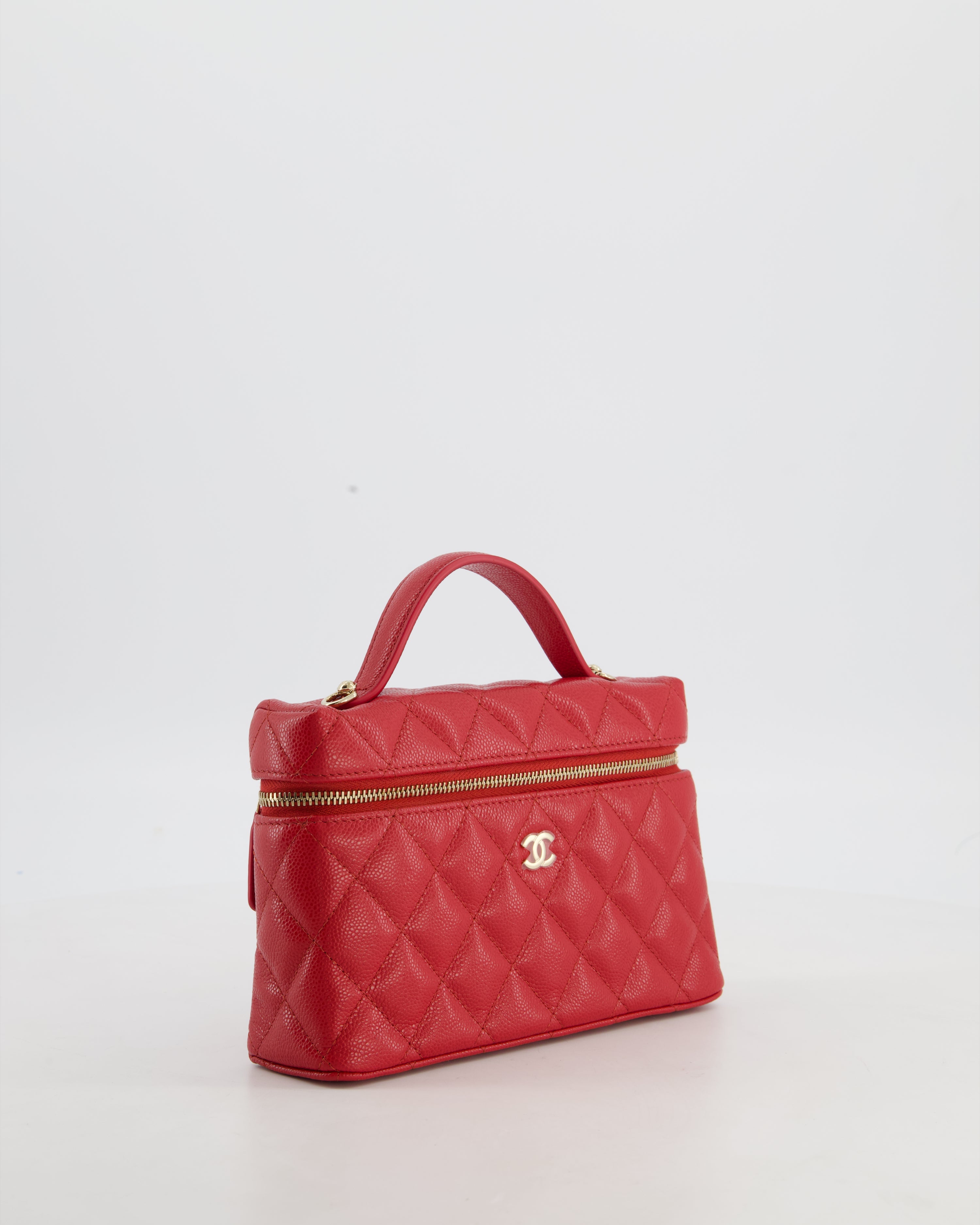 Chanel Red Long Vanity Case Bag in Caviar Leather with Champagne Gold Hardware