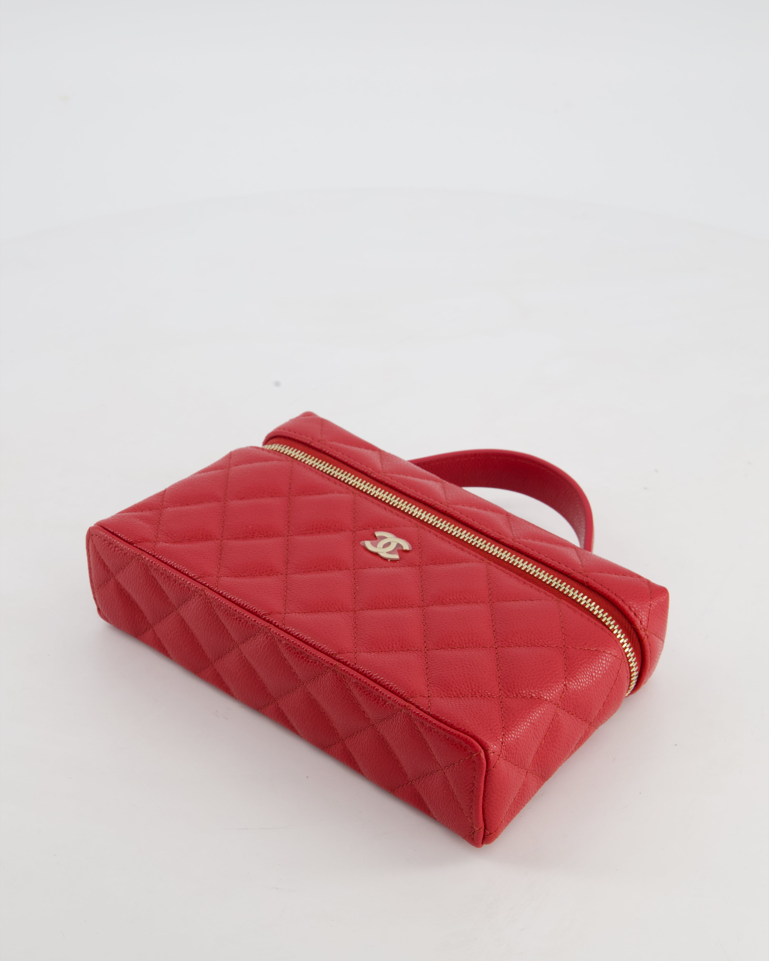Chanel Red Long Vanity Case Bag in Caviar Leather with Champagne Gold Hardware
