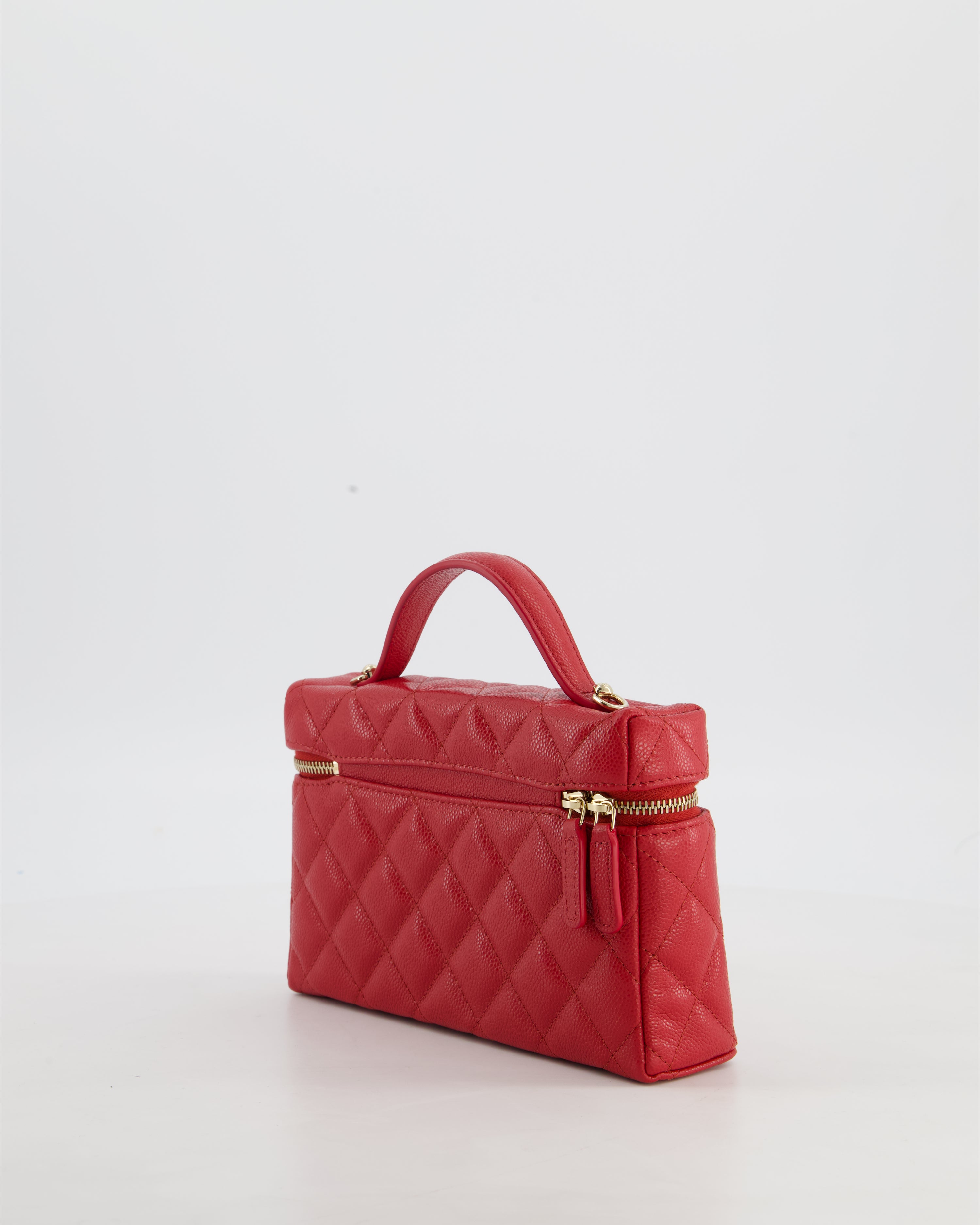 Chanel Red Long Vanity Case Bag in Caviar Leather with Champagne Gold Hardware