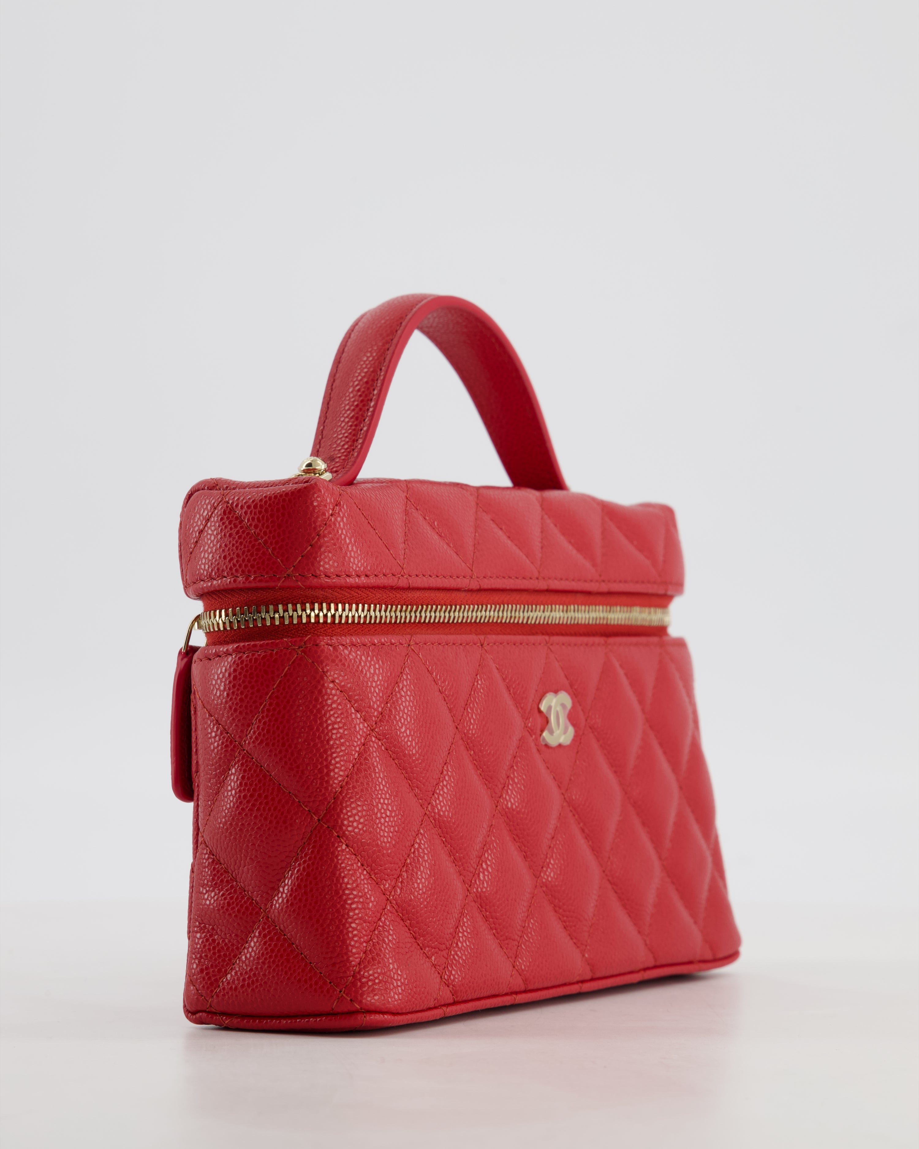 Chanel Red Long Vanity Case Bag in Caviar Leather with Champagne Gold Hardware