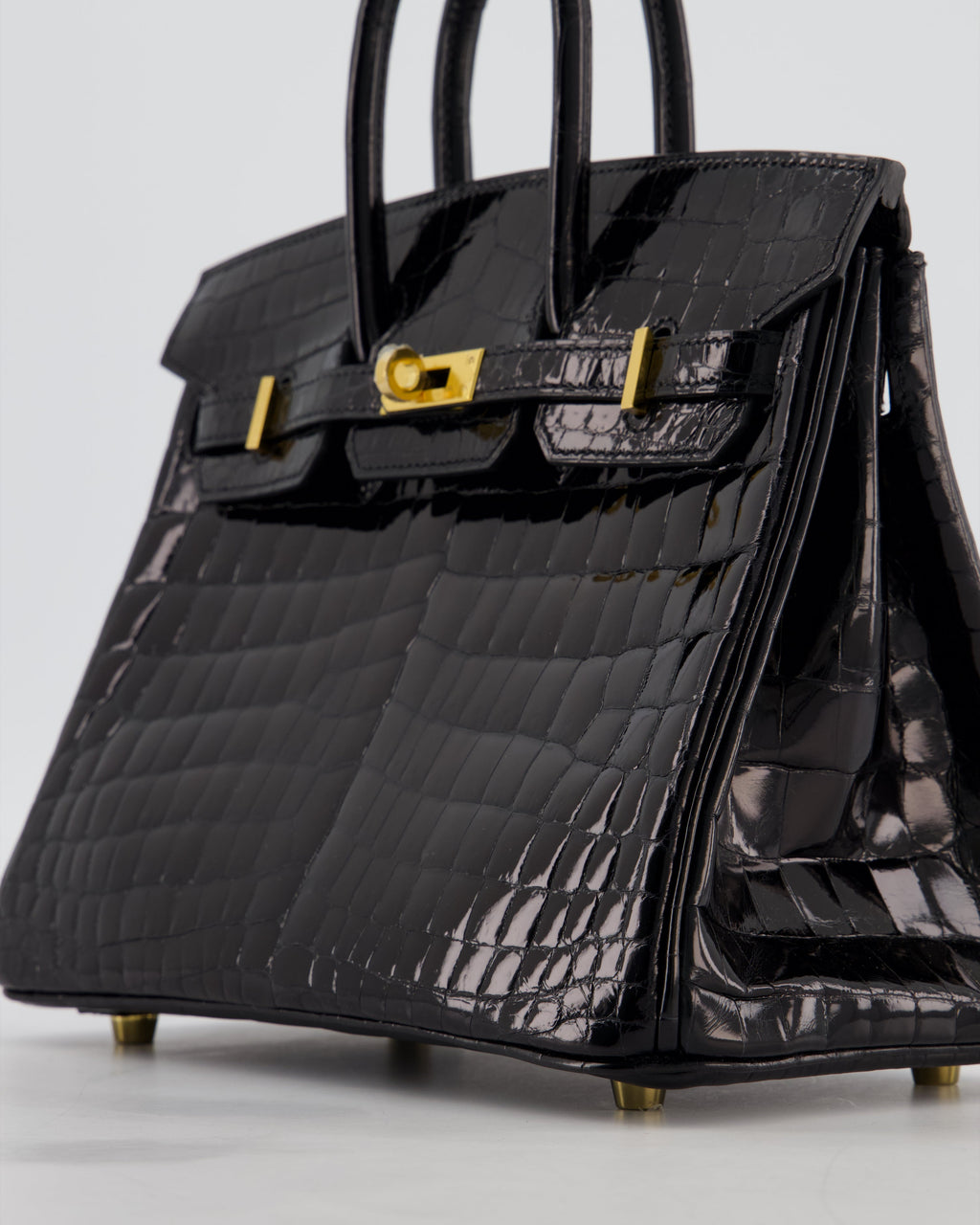 *ULTRA RARE* Hermès Birkin 25 Retourne Bag in Noir Shiny Crocodile Niloticus Leather with Gold Hardware