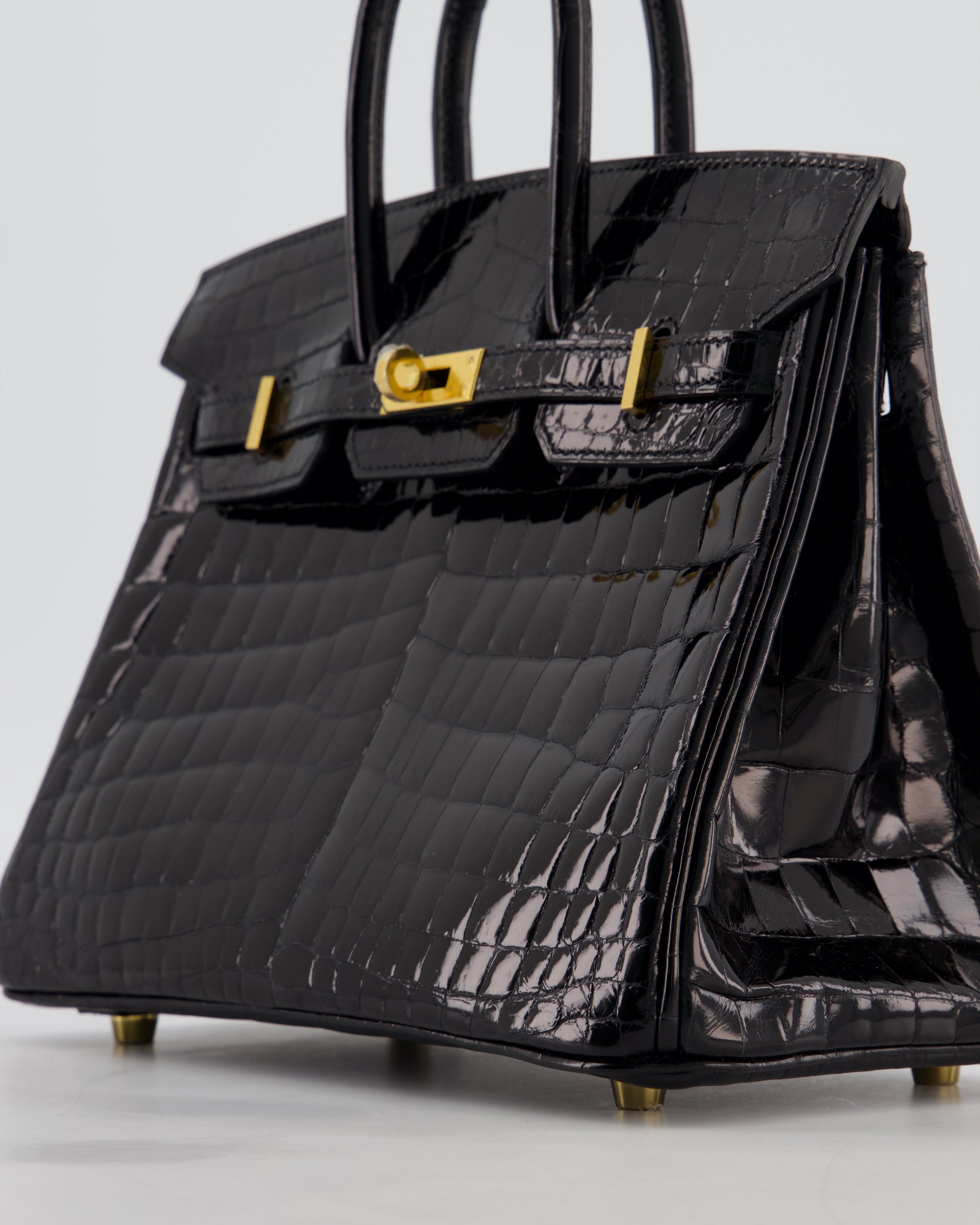 *ULTRA RARE* Hermès Birkin 25 Retourne Bag in Noir Shiny Crocodile Niloticus Leather with Gold Hardware