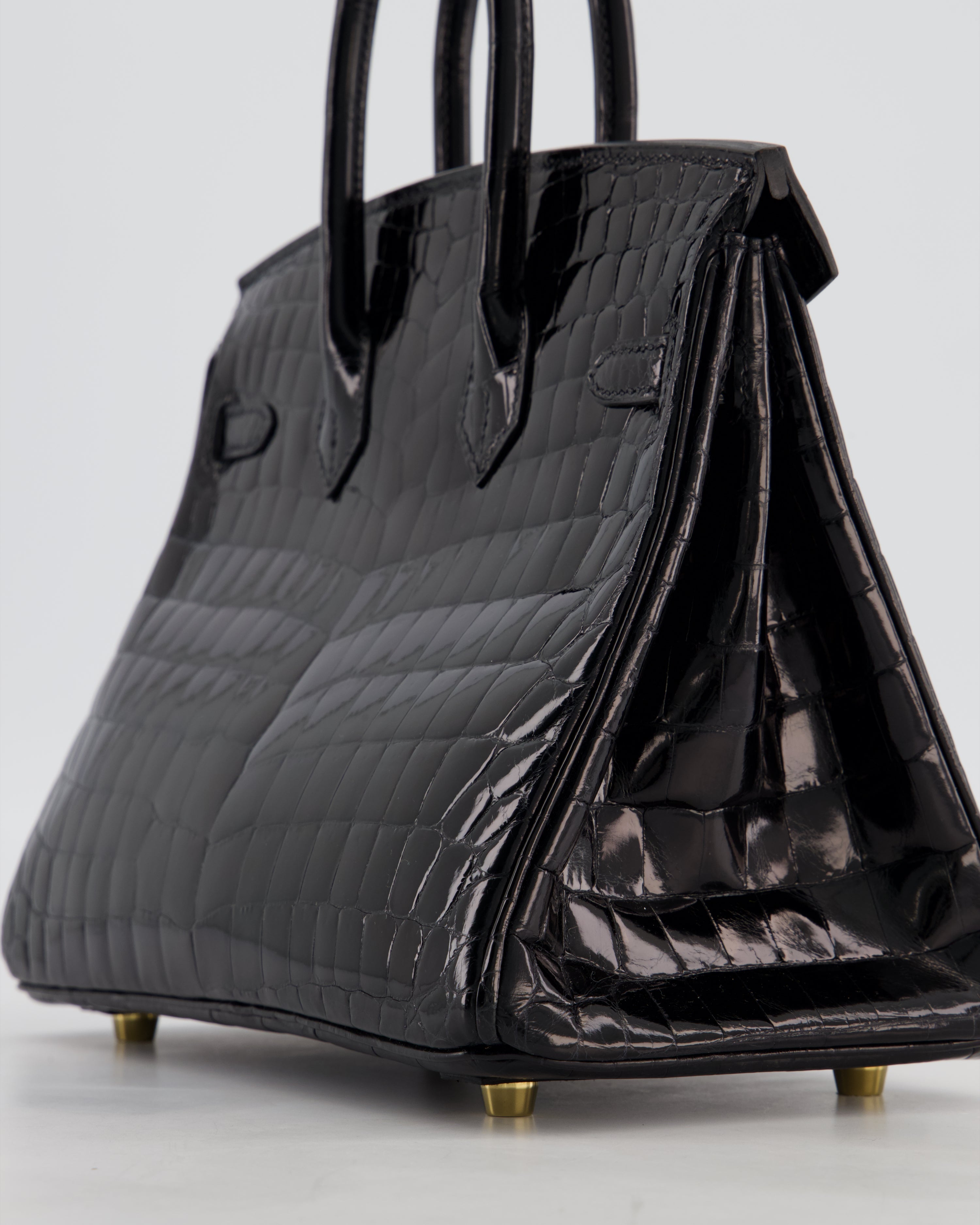 *ULTRA RARE* Hermès Birkin 25 Retourne Bag in Noir Shiny Crocodile Niloticus Leather with Gold Hardware