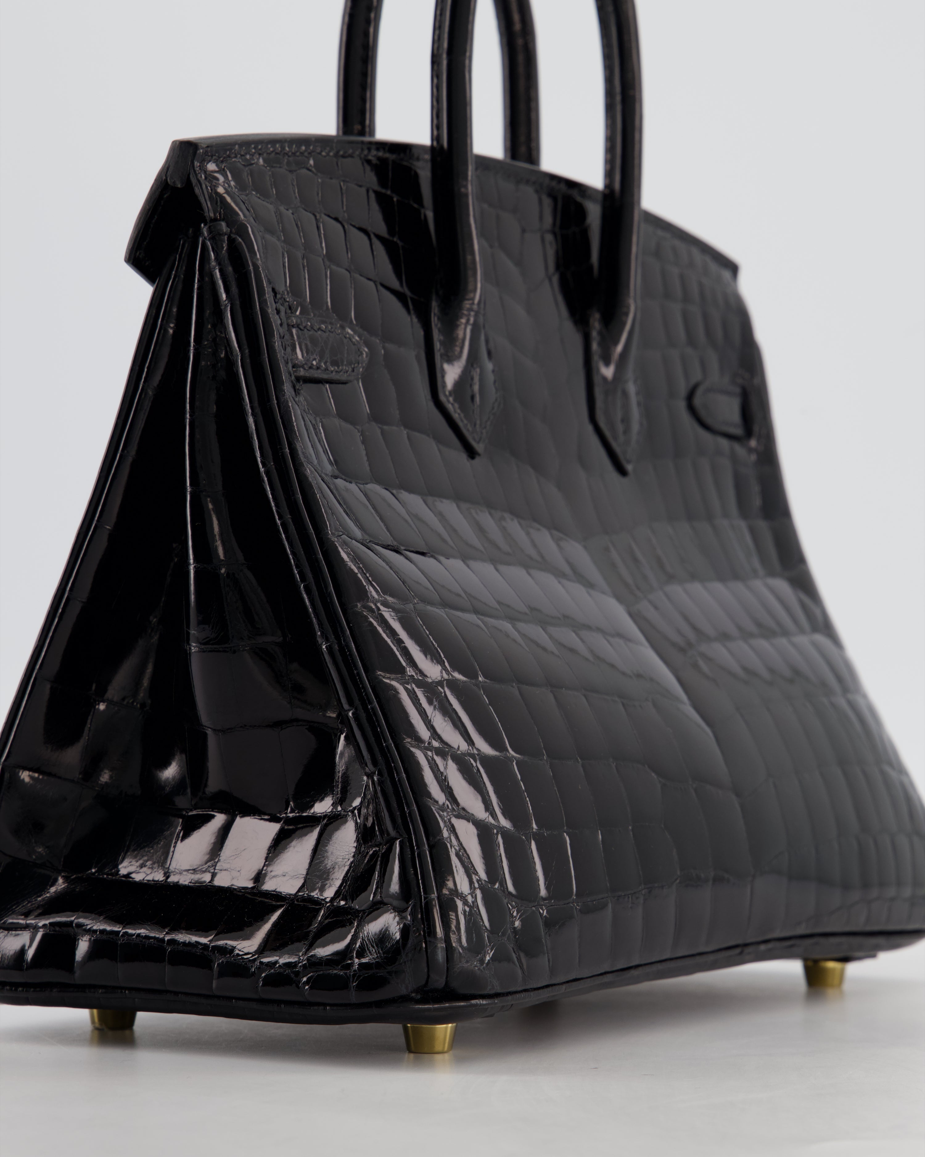*ULTRA RARE* Hermès Birkin 25 Retourne Bag in Noir Shiny Crocodile Niloticus Leather with Gold Hardware