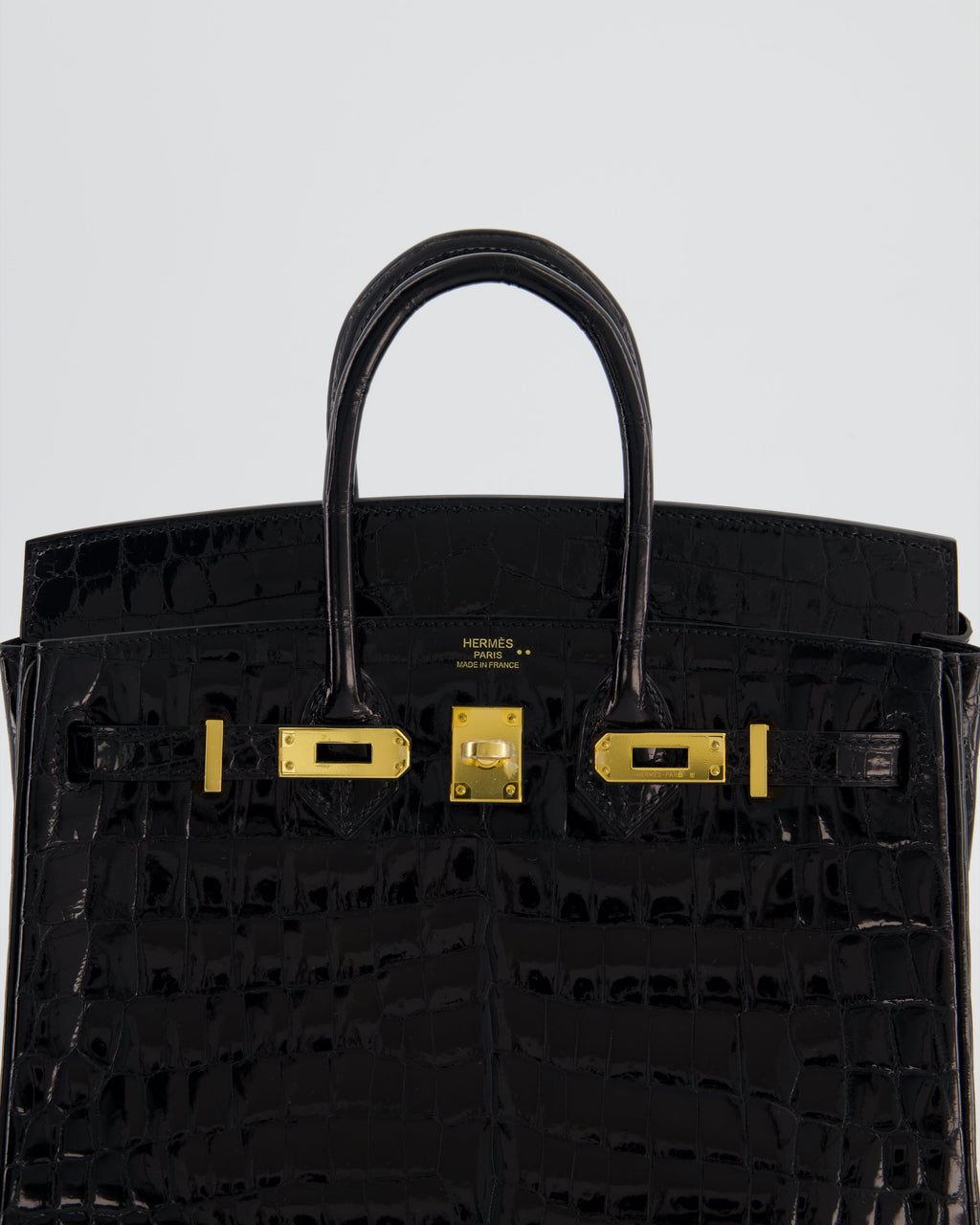 *ULTRA RARE* Hermès Birkin 25 Retourne Bag in Noir Shiny Crocodile Niloticus Leather with Gold Hardware