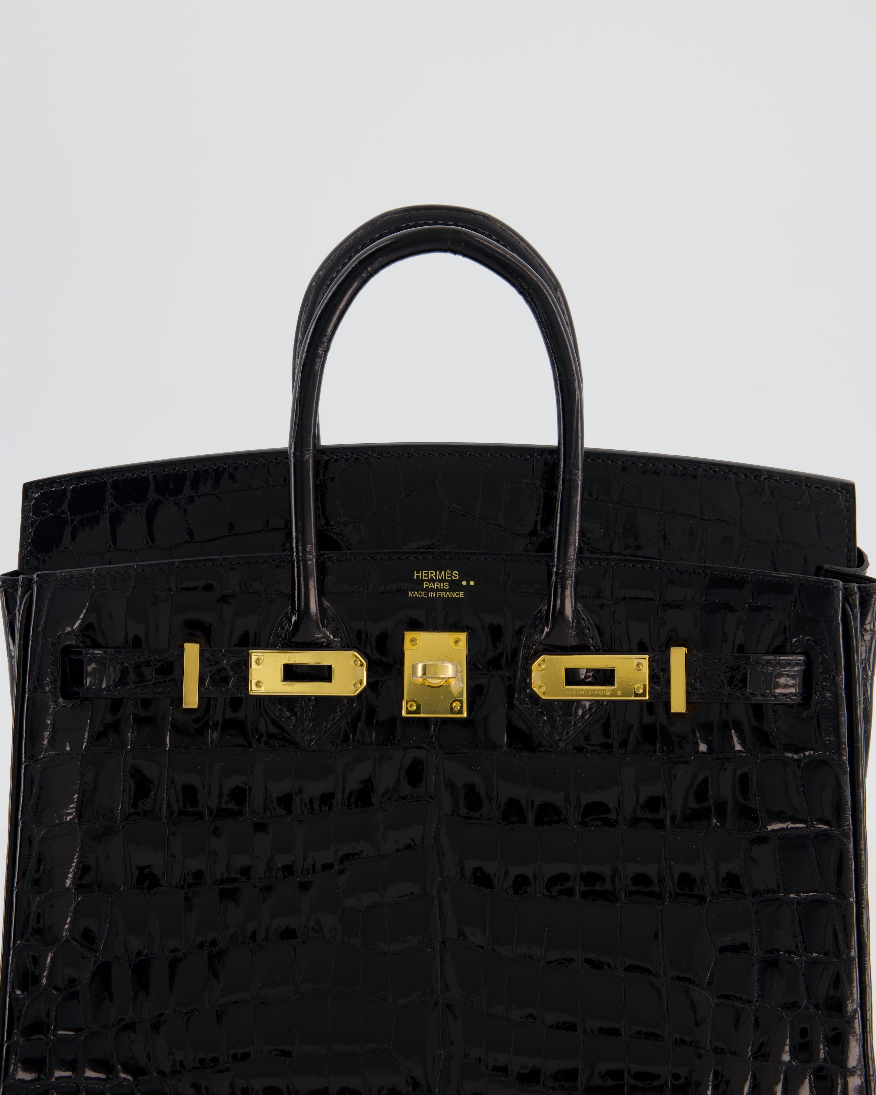 *ULTRA RARE* Hermès Birkin 25 Retourne Bag in Noir Shiny Crocodile Niloticus Leather with Gold Hardware