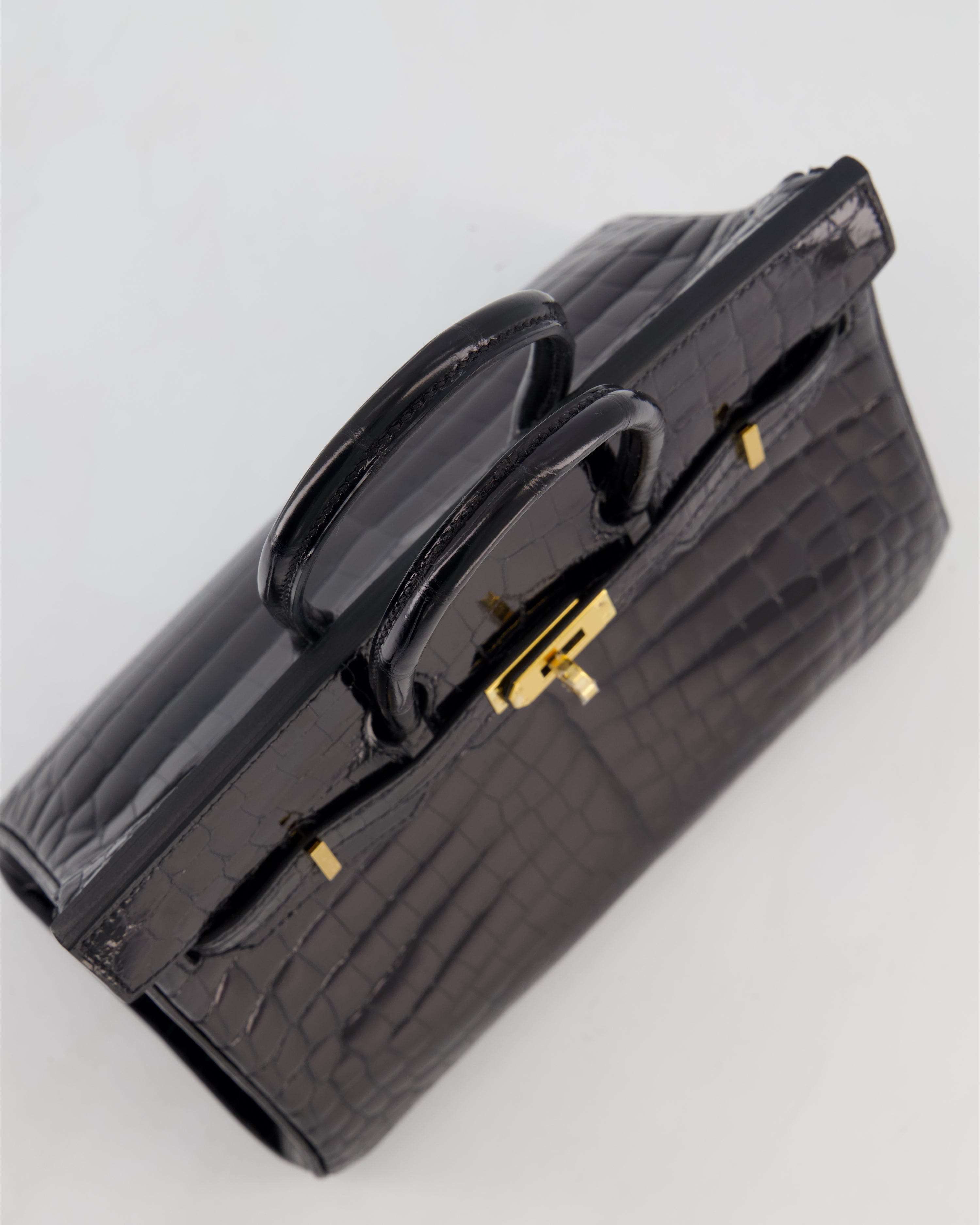 *ULTRA RARE* Hermès Birkin 25 Retourne Bag in Noir Shiny Crocodile Niloticus Leather with Gold Hardware