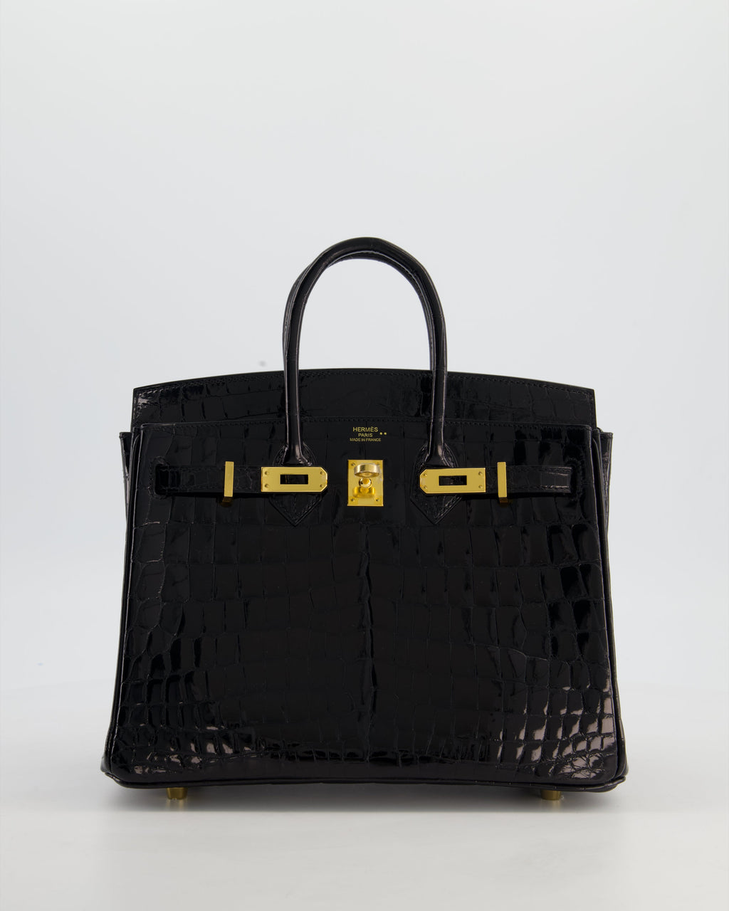 *ULTRA RARE* Hermès Birkin 25 Retourne Bag in Noir Shiny Crocodile Niloticus Leather with Gold Hardware