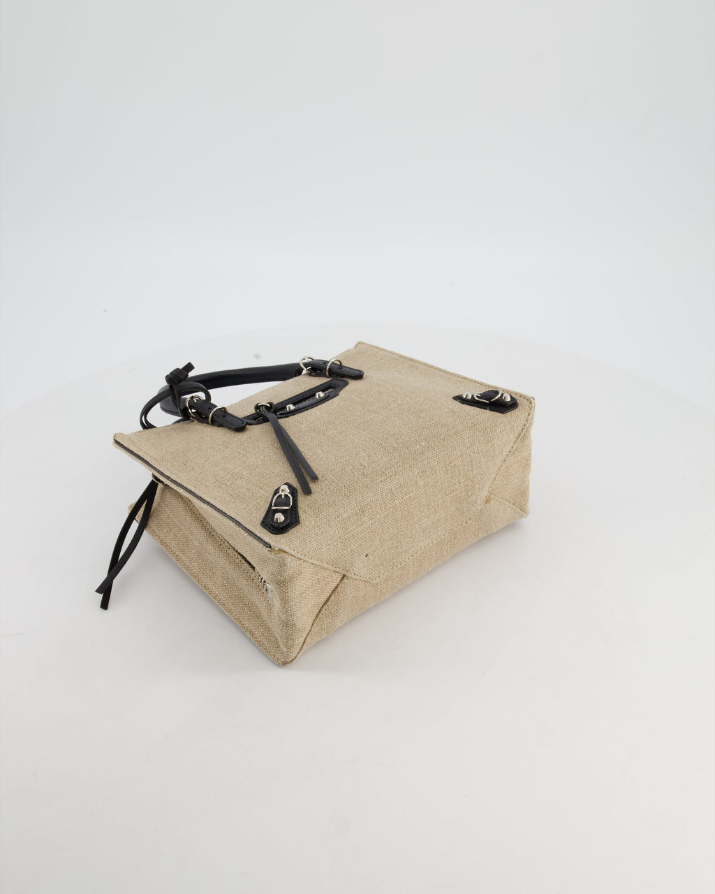 Balenciaga Beige Canvas Mini Papier A4 Tote Bag with a Black Trim and Silver Hardware