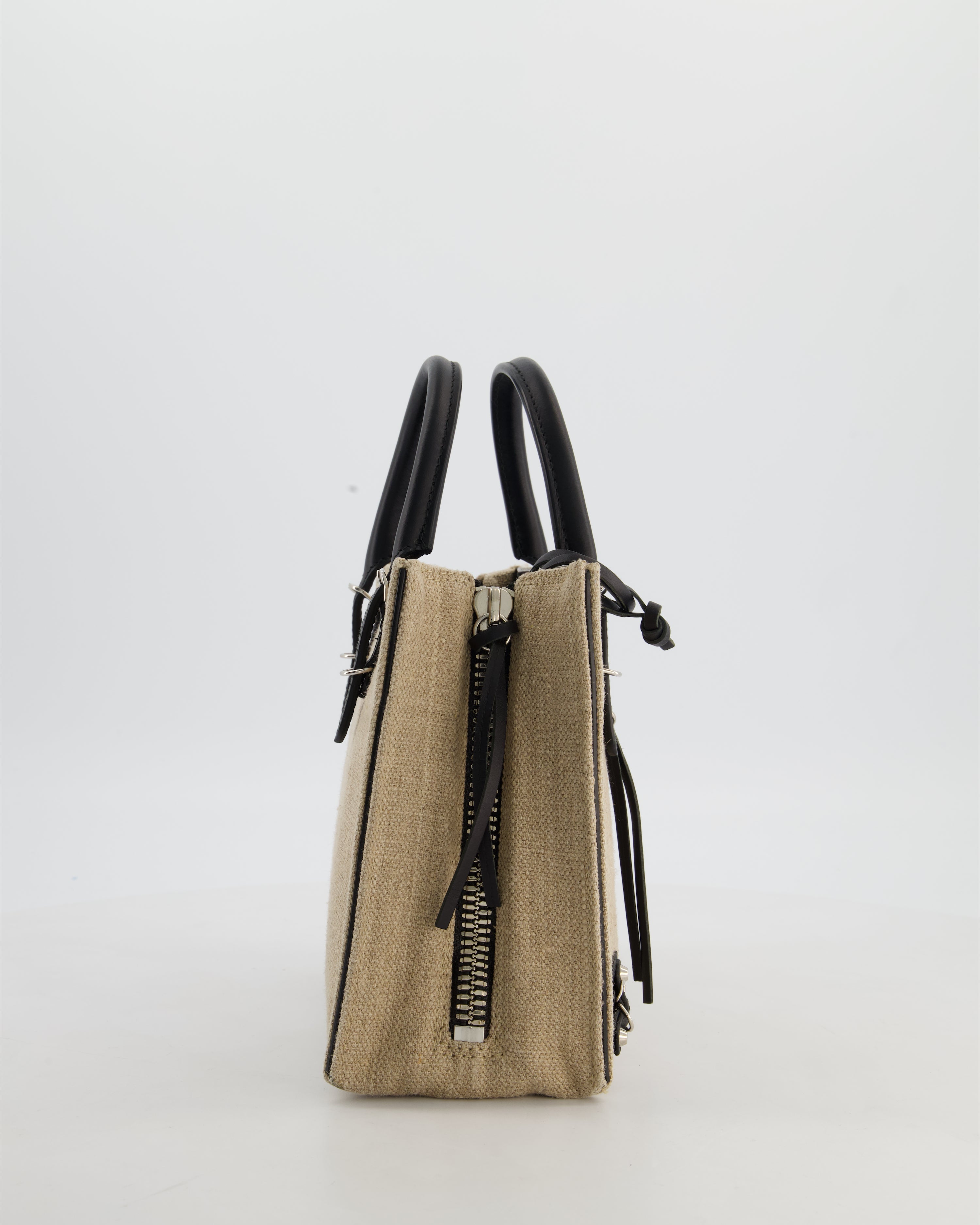 Balenciaga Beige Canvas Mini Papier A4 Tote Bag with a Black Trim and Silver Hardware