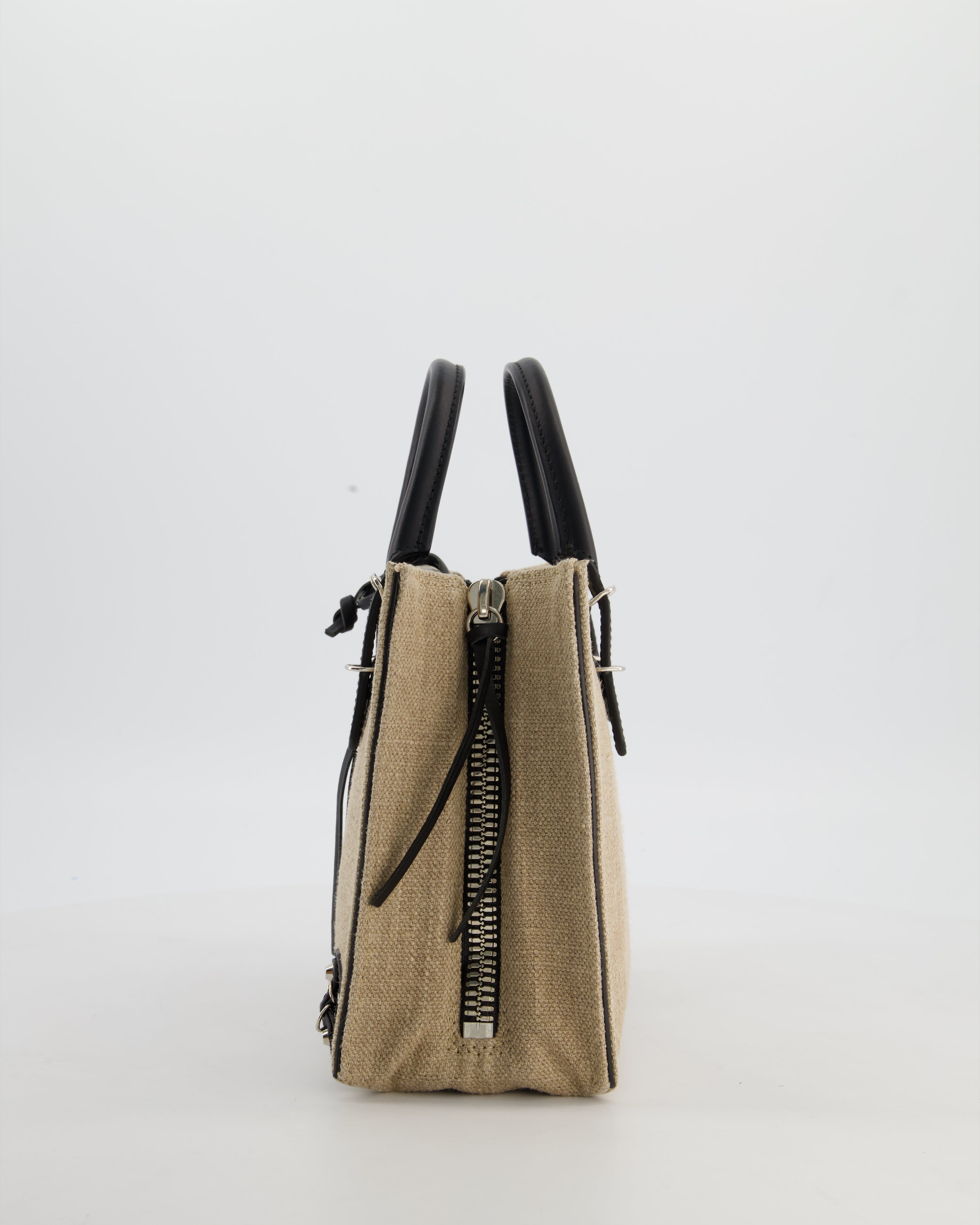 Balenciaga Beige Canvas Mini Papier A4 Tote Bag with a Black Trim and Silver Hardware