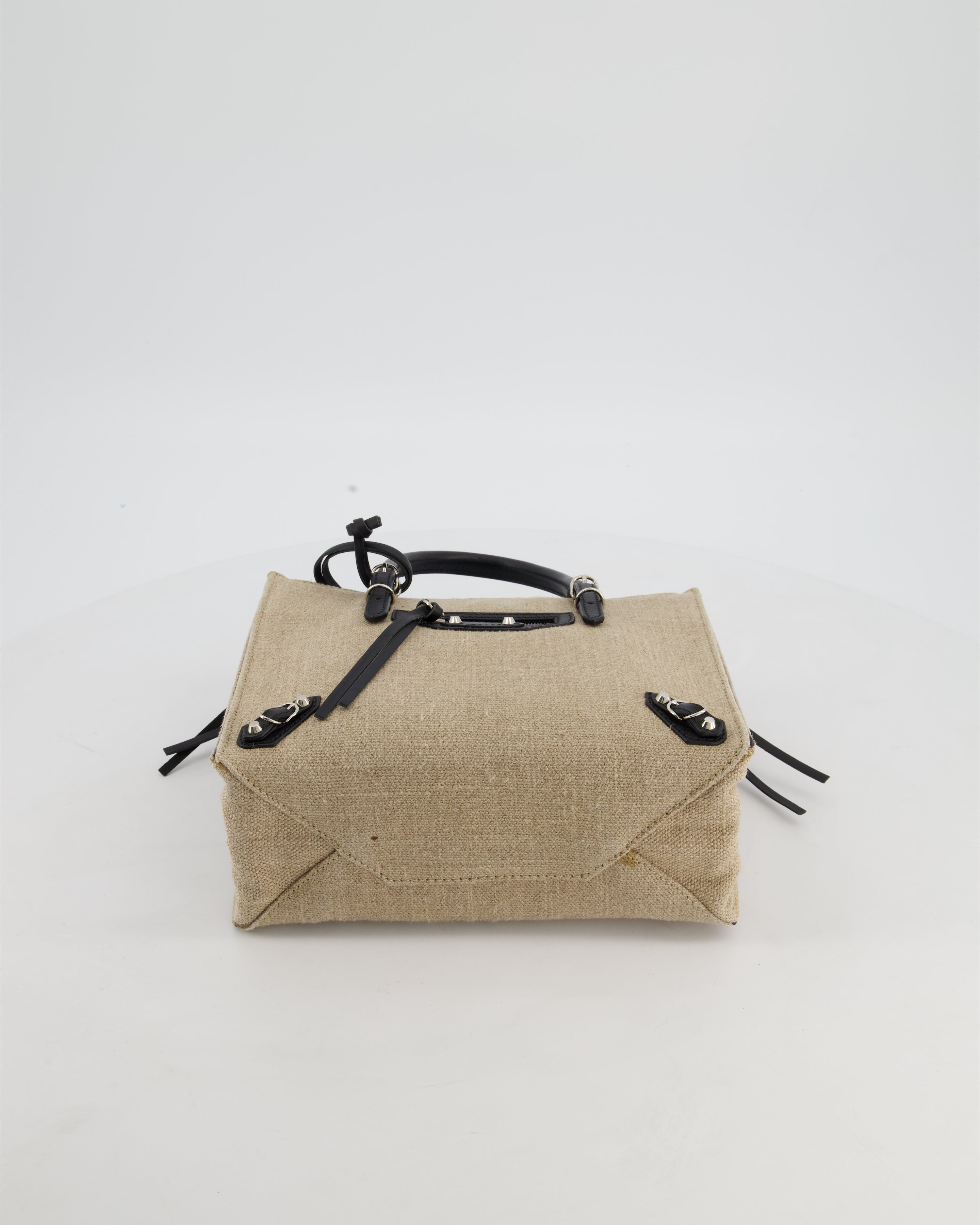 Balenciaga Beige Canvas Mini Papier A4 Tote Bag with a Black Trim and Silver Hardware