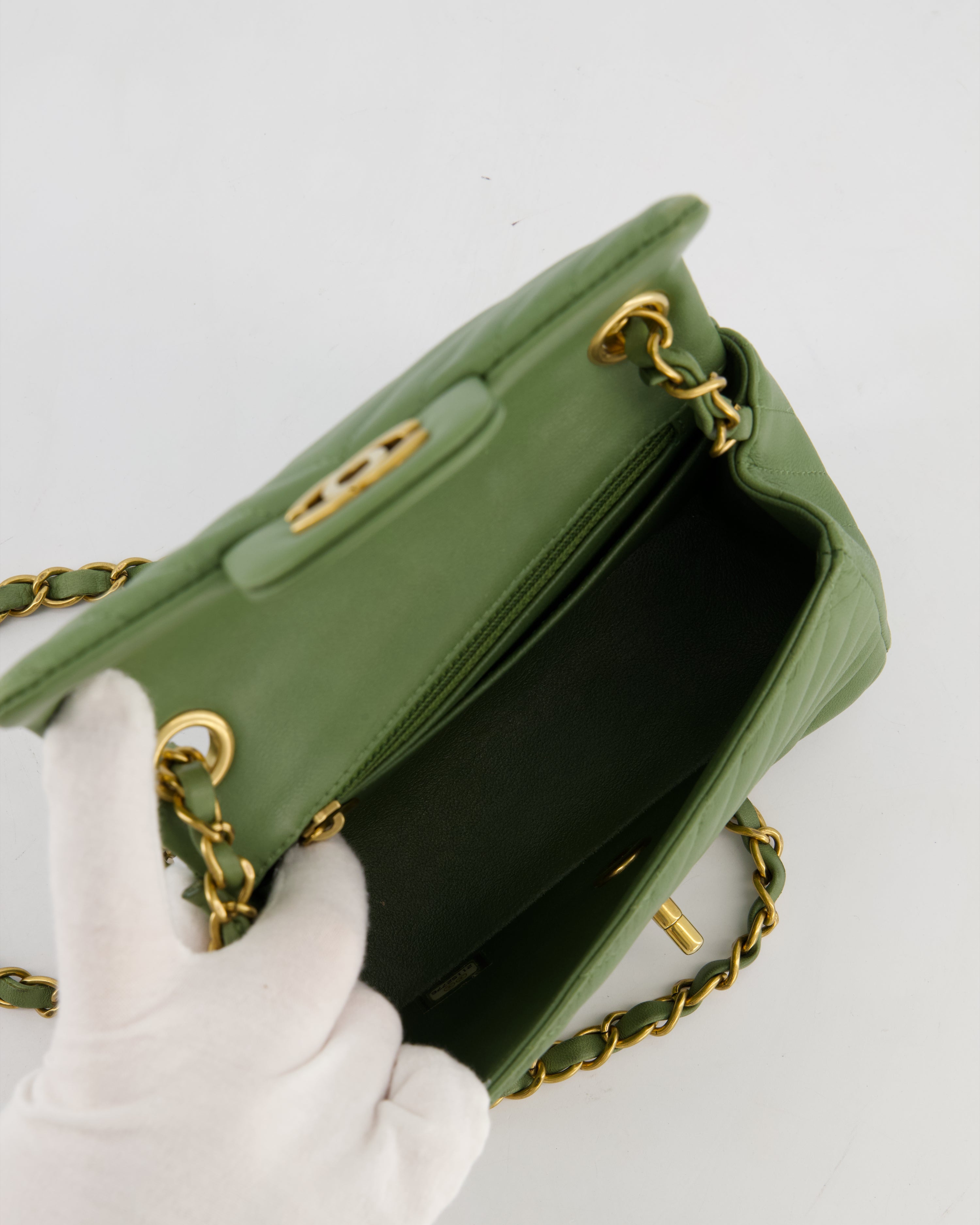 Chanel Olive Green Chevron Lambskin Leather Mini Square Classic Flap Bag with Gold Hardware