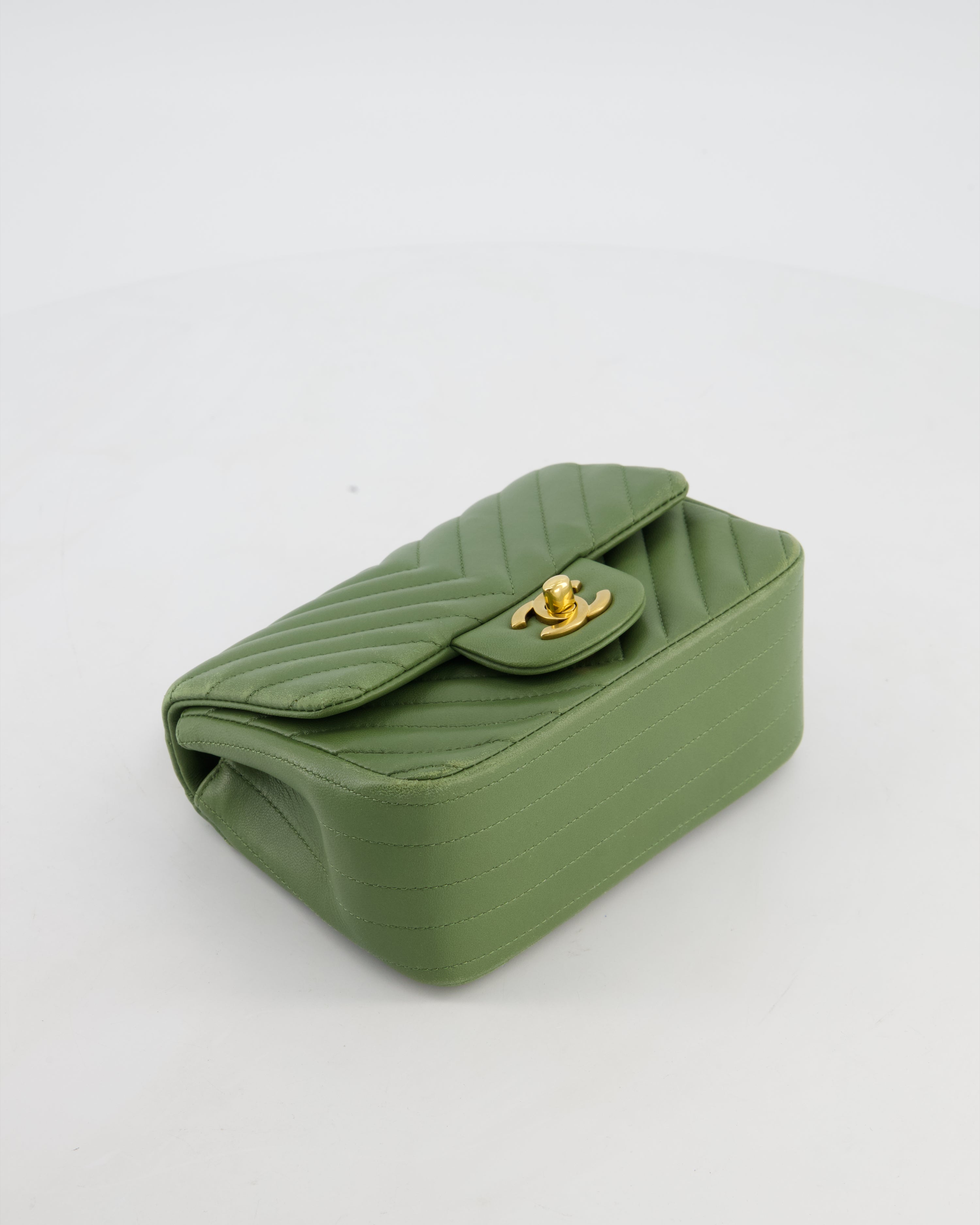 Chanel Olive Green Chevron Lambskin Leather Mini Square Classic Flap Bag with Gold Hardware