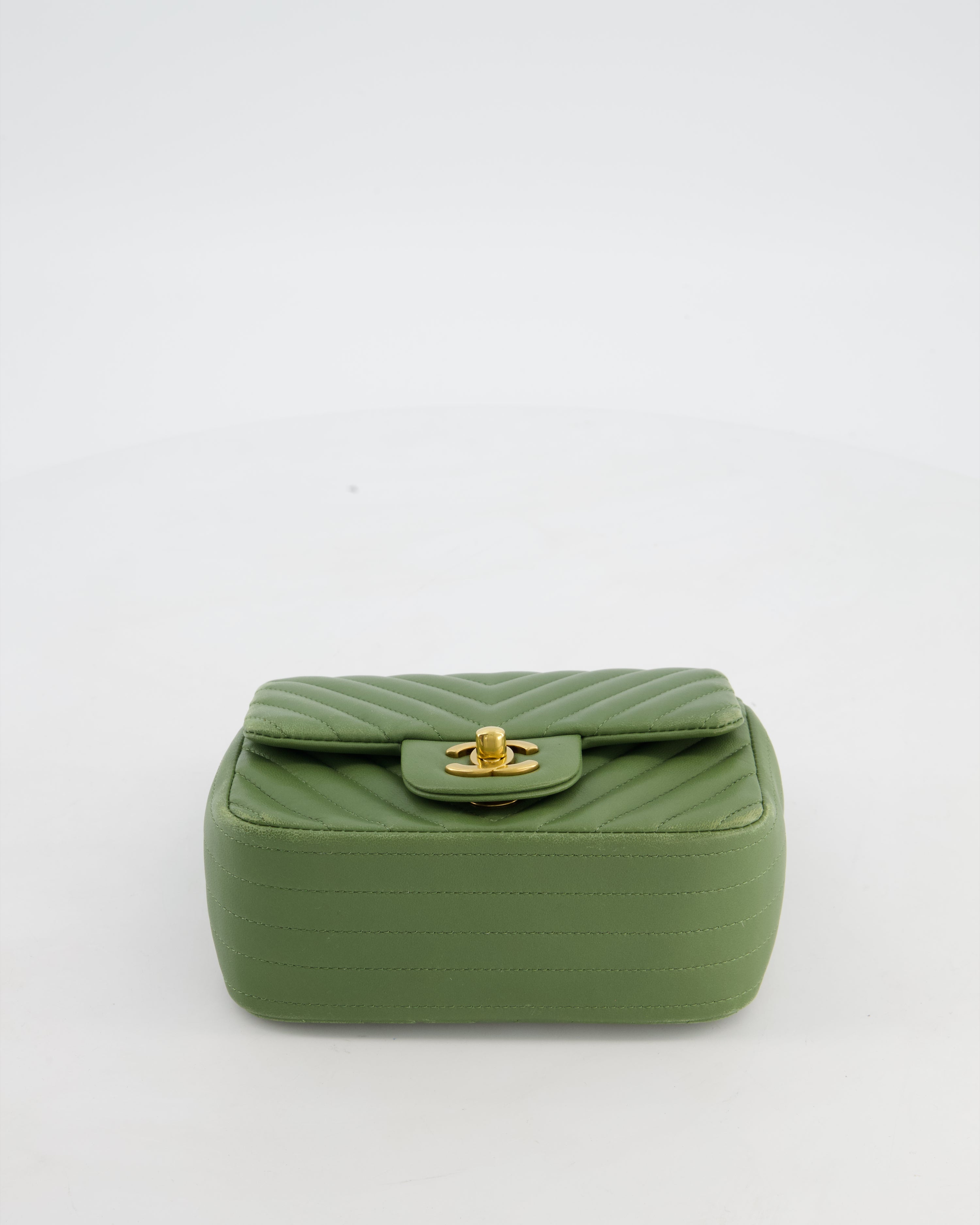 Chanel Olive Green Chevron Lambskin Leather Mini Square Classic Flap Bag with Gold Hardware