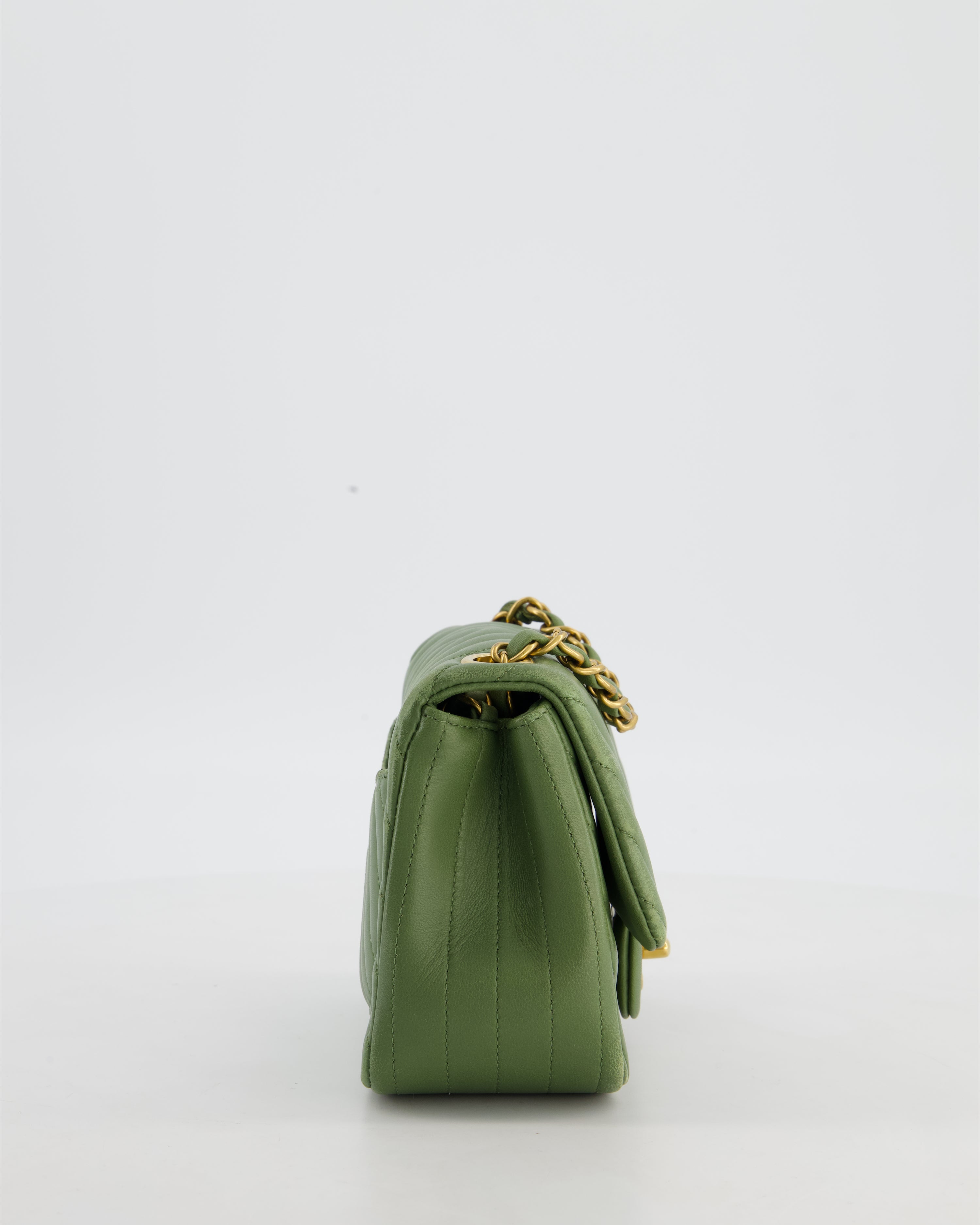 Chanel Olive Green Chevron Lambskin Leather Mini Square Classic Flap Bag with Gold Hardware