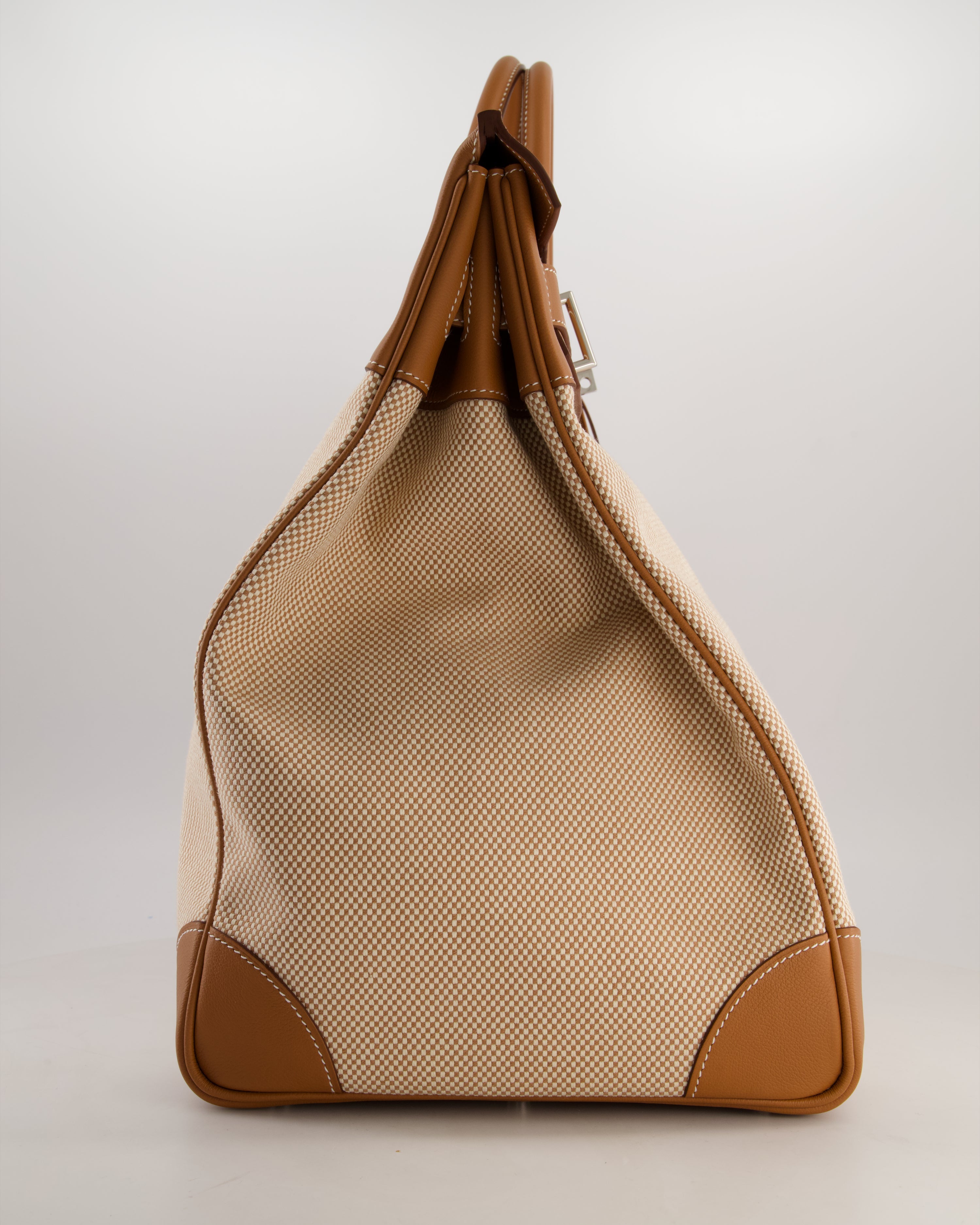 *RARE* Hermès Haut à Courroies HAC 50 Bag in Gold Evercolour Leather &  Écru/Beige Toile Cross Canvas with Palladium Hardware