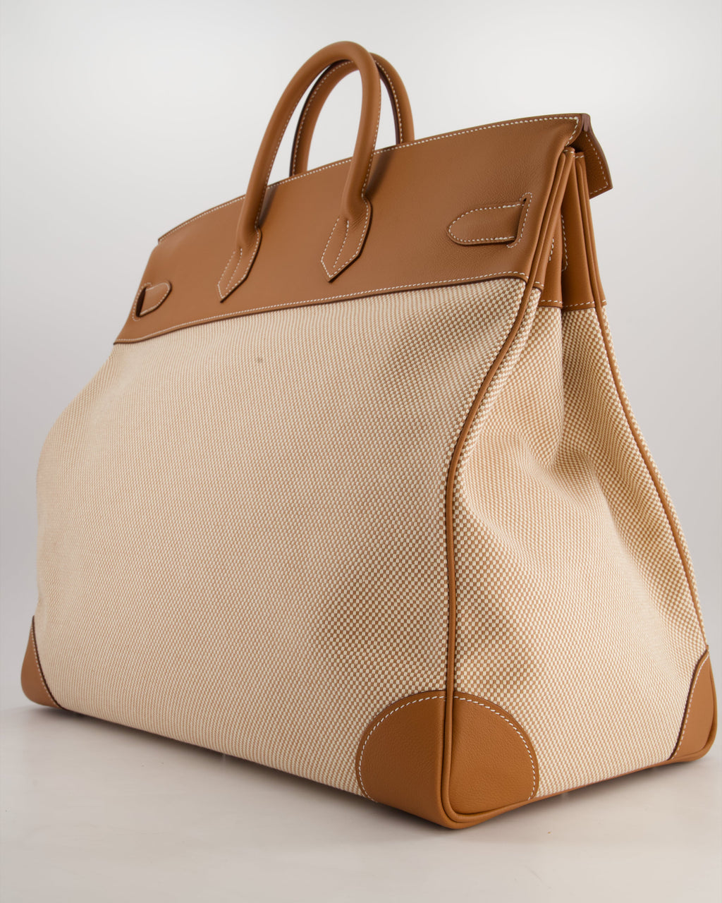 *RARE* Hermès Haut à Courroies HAC 50 Bag in Gold Evercolour Leather &  Écru/Beige Toile Cross Canvas with Palladium Hardware