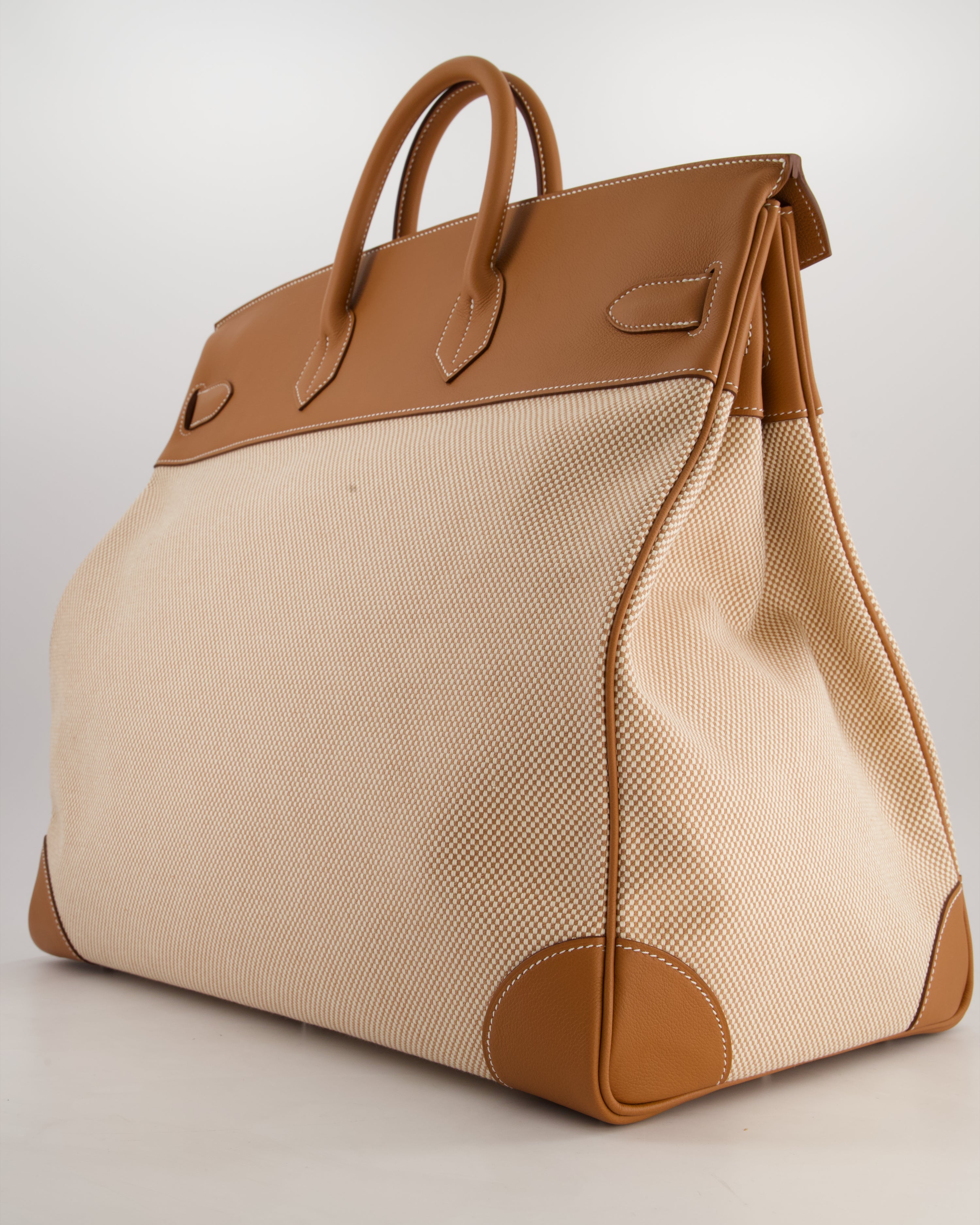*RARE* Hermès Haut à Courroies HAC 50 Bag in Gold Evercolour Leather &  Écru/Beige Toile Cross Canvas with Palladium Hardware