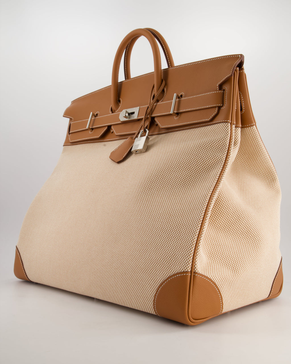 *RARE* Hermès Haut à Courroies HAC 50 Bag in Gold Evercolour Leather &  Écru/Beige Toile Cross Canvas with Palladium Hardware