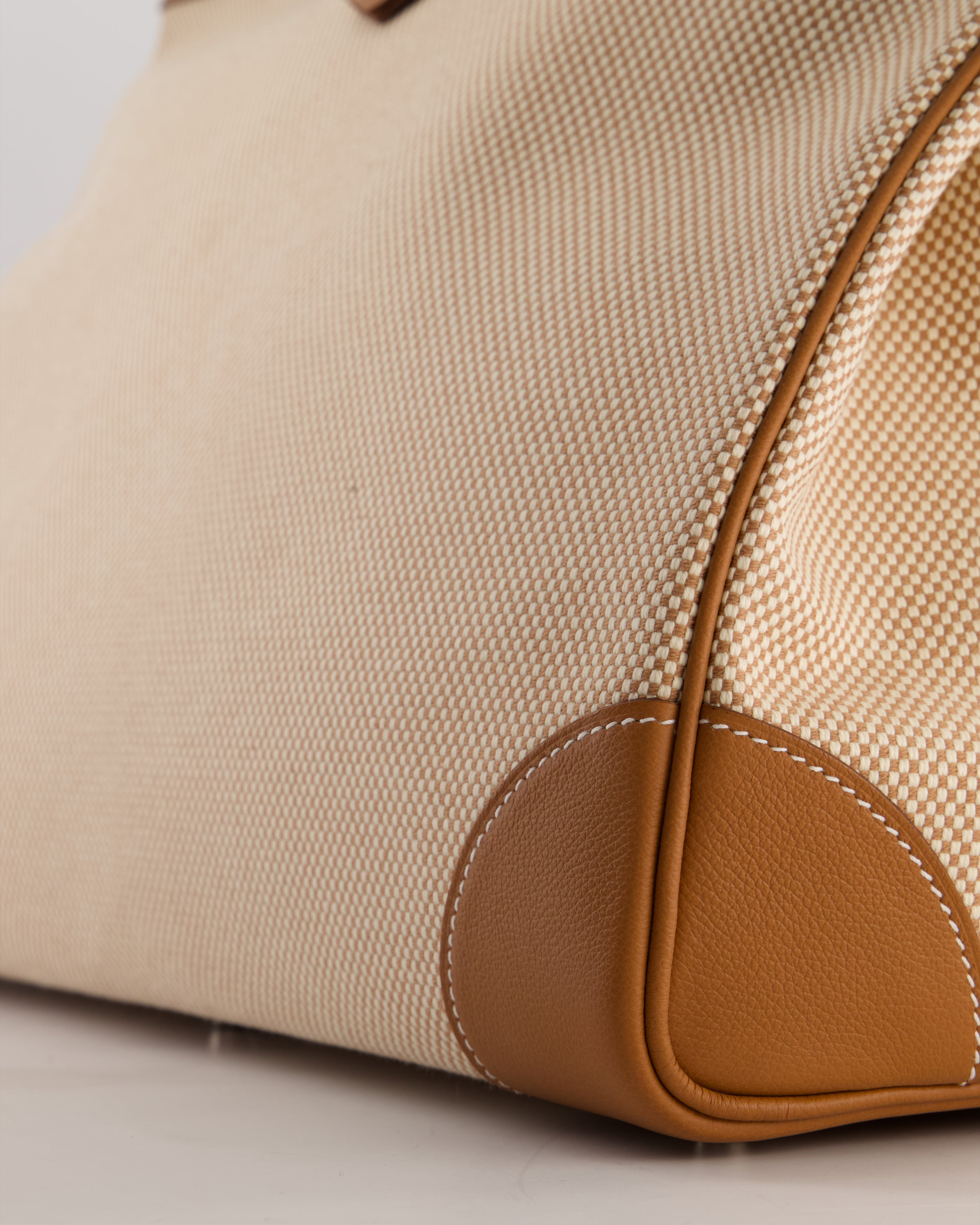 *RARE* Hermès Haut à Courroies HAC 50 Bag in Gold Evercolour Leather &  Écru/Beige Toile Cross Canvas with Palladium Hardware