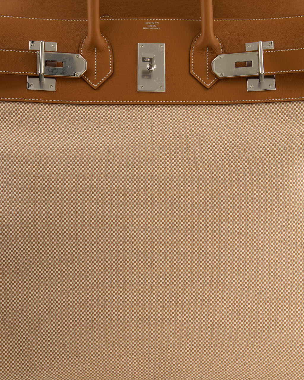 *RARE* Hermès Haut à Courroies HAC 50 Bag in Gold Evercolour Leather &  Écru/Beige Toile Cross Canvas with Palladium Hardware