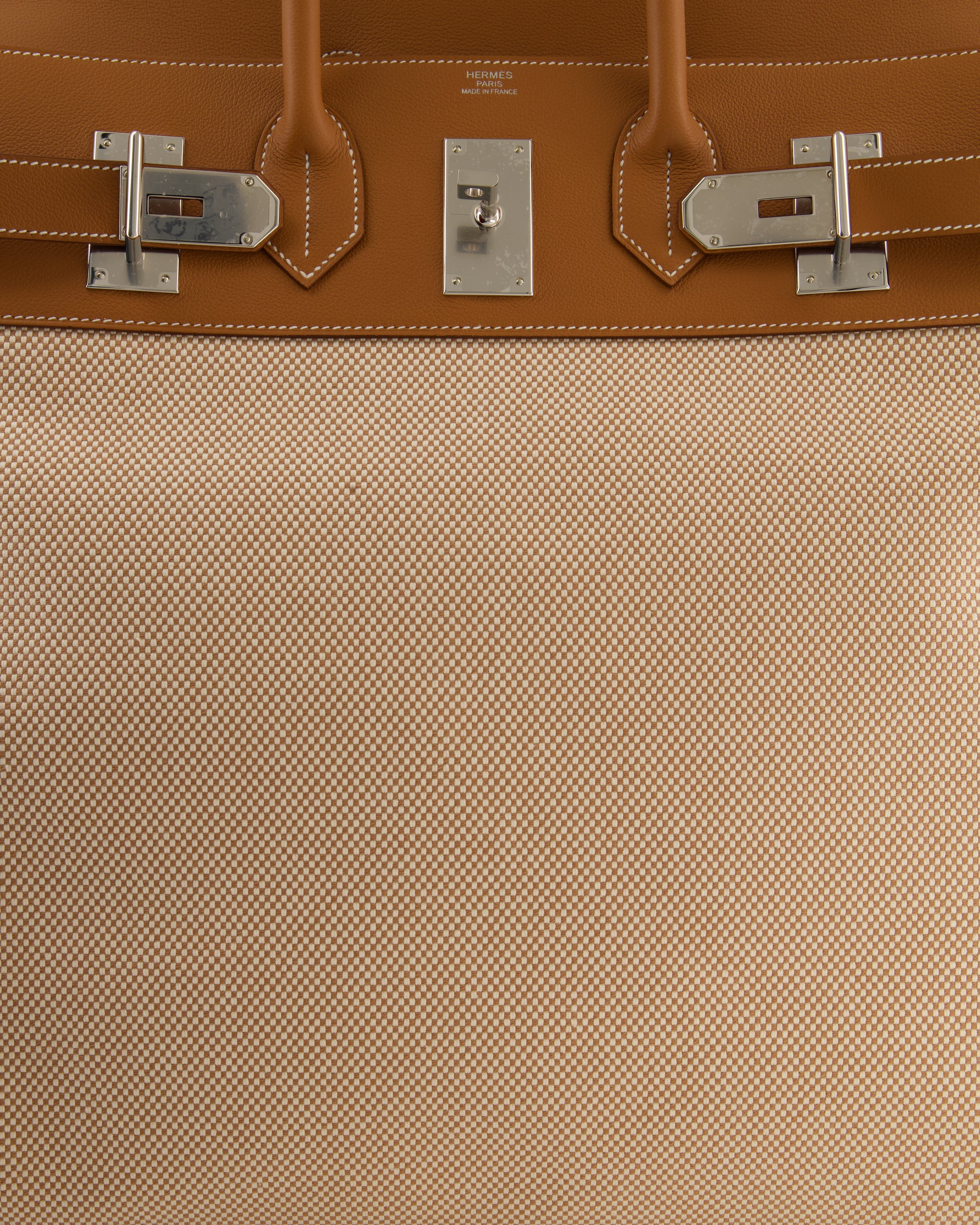 *RARE* Hermès Haut à Courroies HAC 50 Bag in Gold Evercolour Leather &  Écru/Beige Toile Cross Canvas with Palladium Hardware