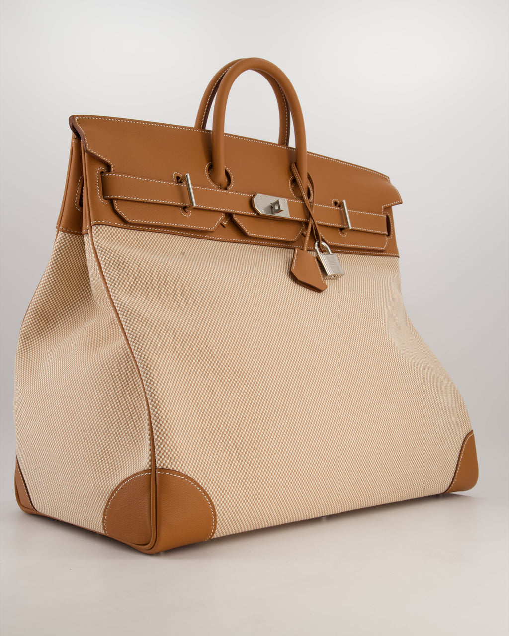 *RARE* Hermès Haut à Courroies HAC 50 Bag in Gold Evercolour Leather &  Écru/Beige Toile Cross Canvas with Palladium Hardware