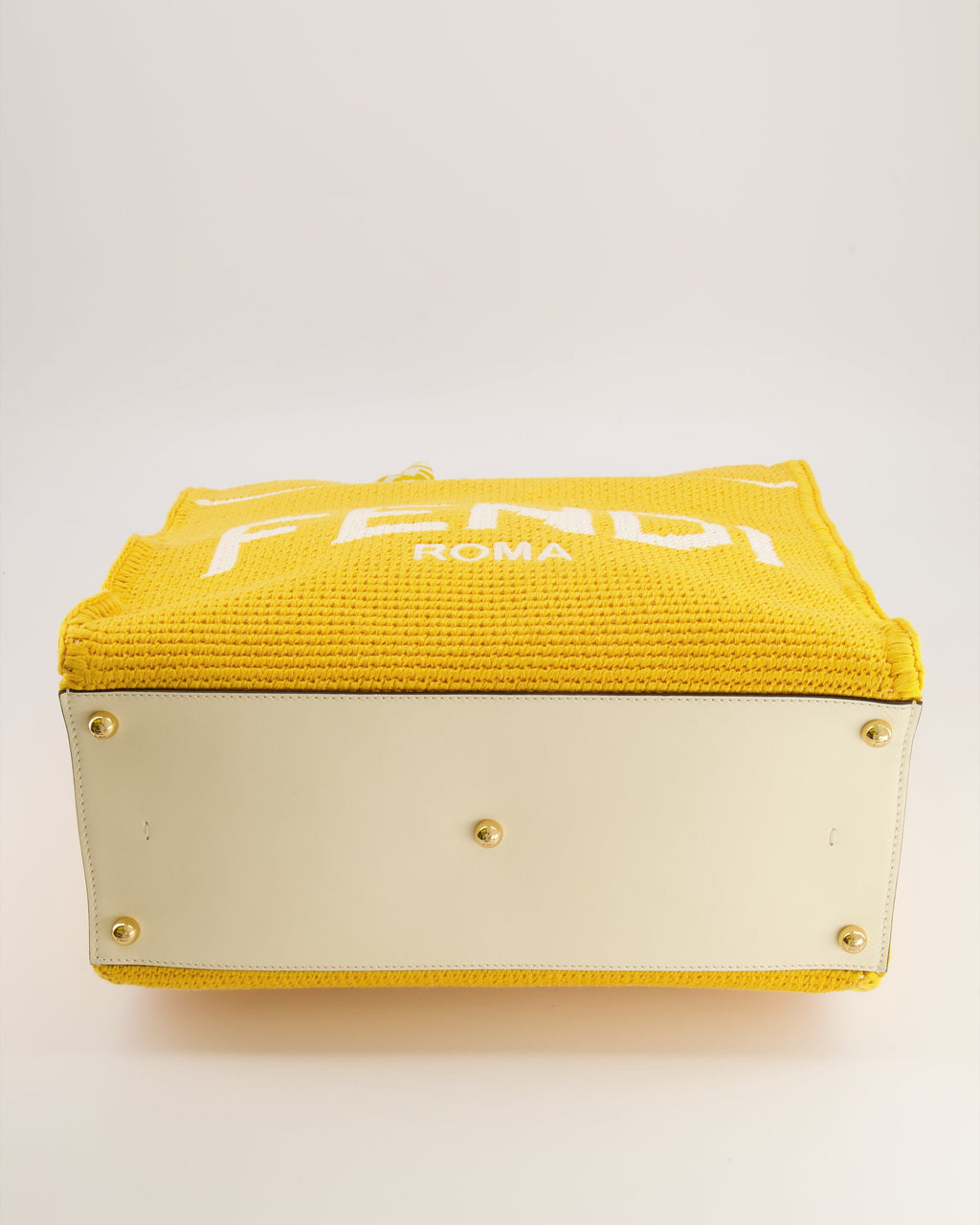 Fendi Sunshine Tote Bag in Yellow and White Crochet Canvas with Gold Hardware