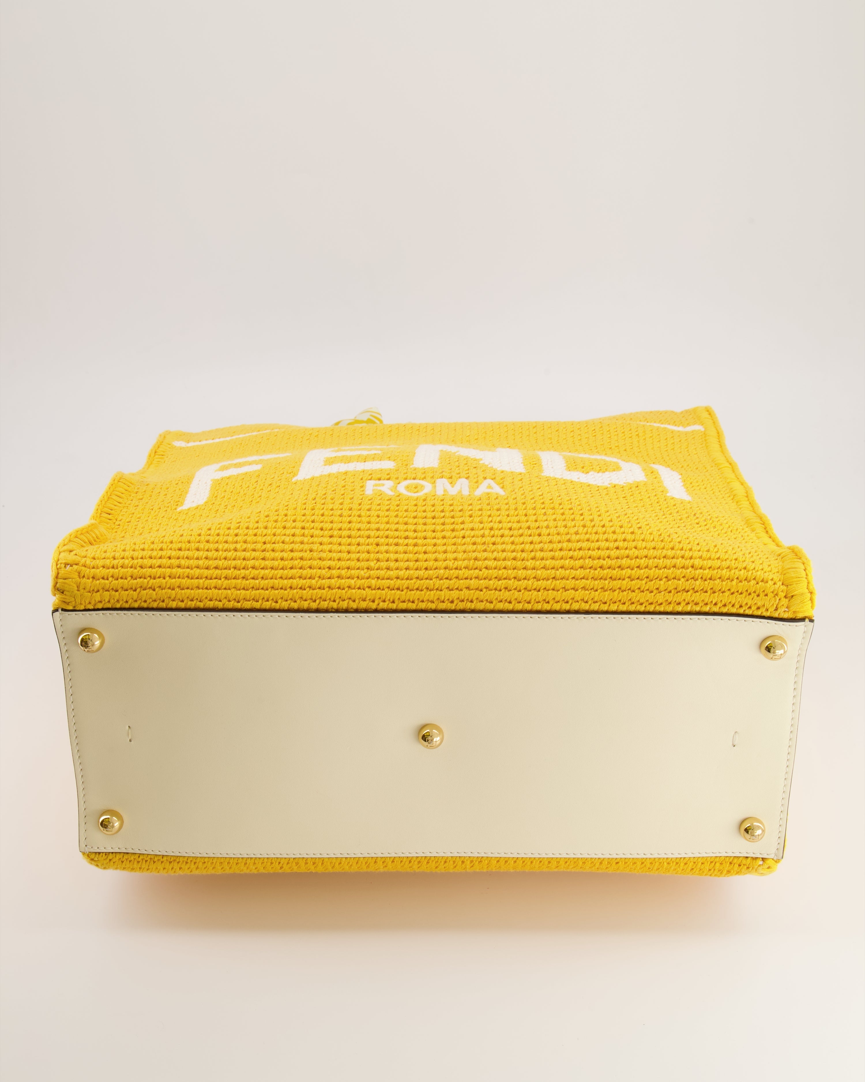 Fendi Sunshine Tote Bag in Yellow and White Crochet Canvas with Gold Hardware