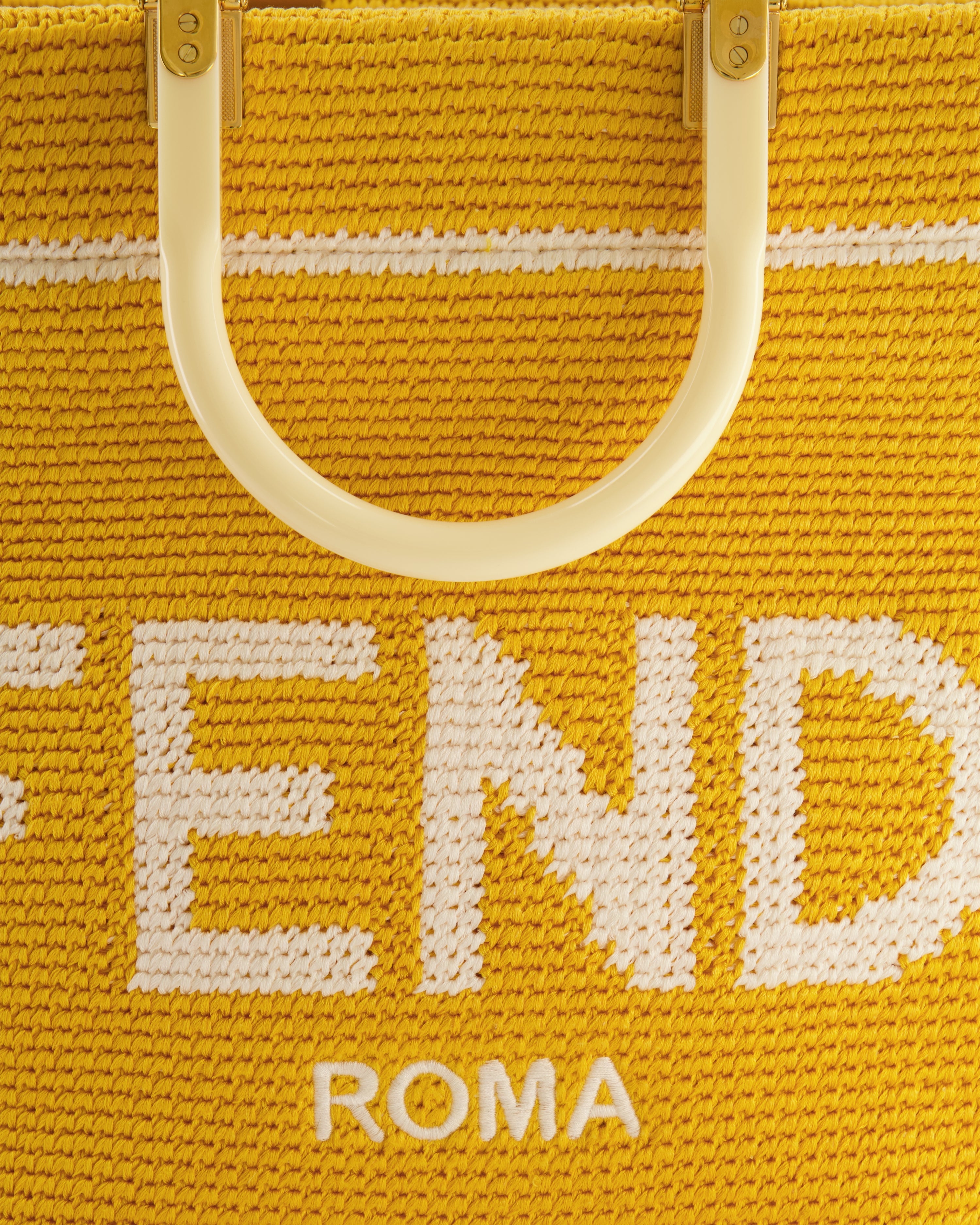 Fendi Sunshine Tote Bag in Yellow and White Crochet Canvas with Gold Hardware