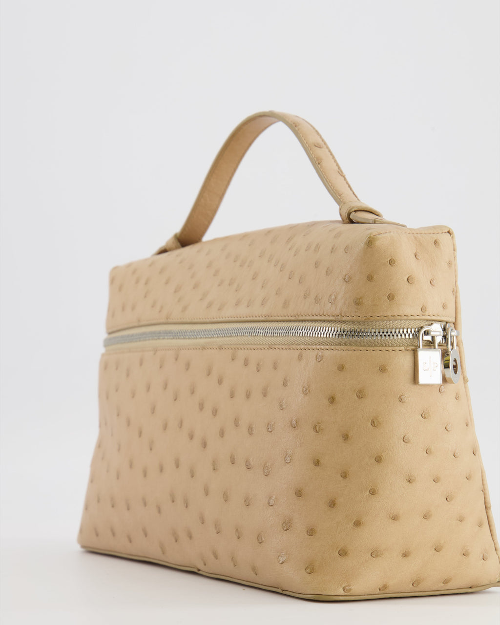 Loro Piana Extra Pocket L27 Pouch Bag in Beige Ostrich Leather with Silver Hardware