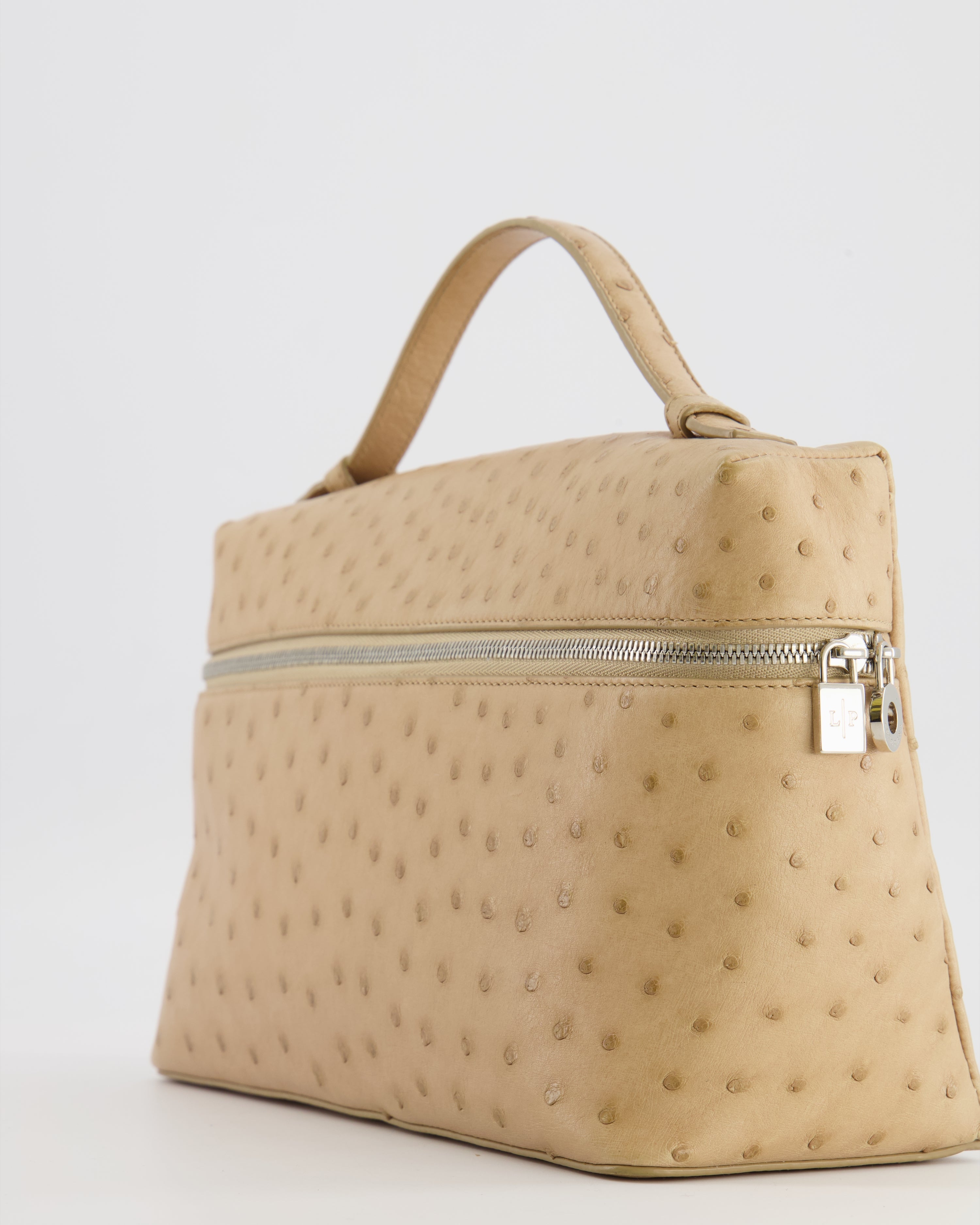 Loro Piana Extra Pocket L27 Pouch Bag in Beige Ostrich Leather with Silver Hardware
