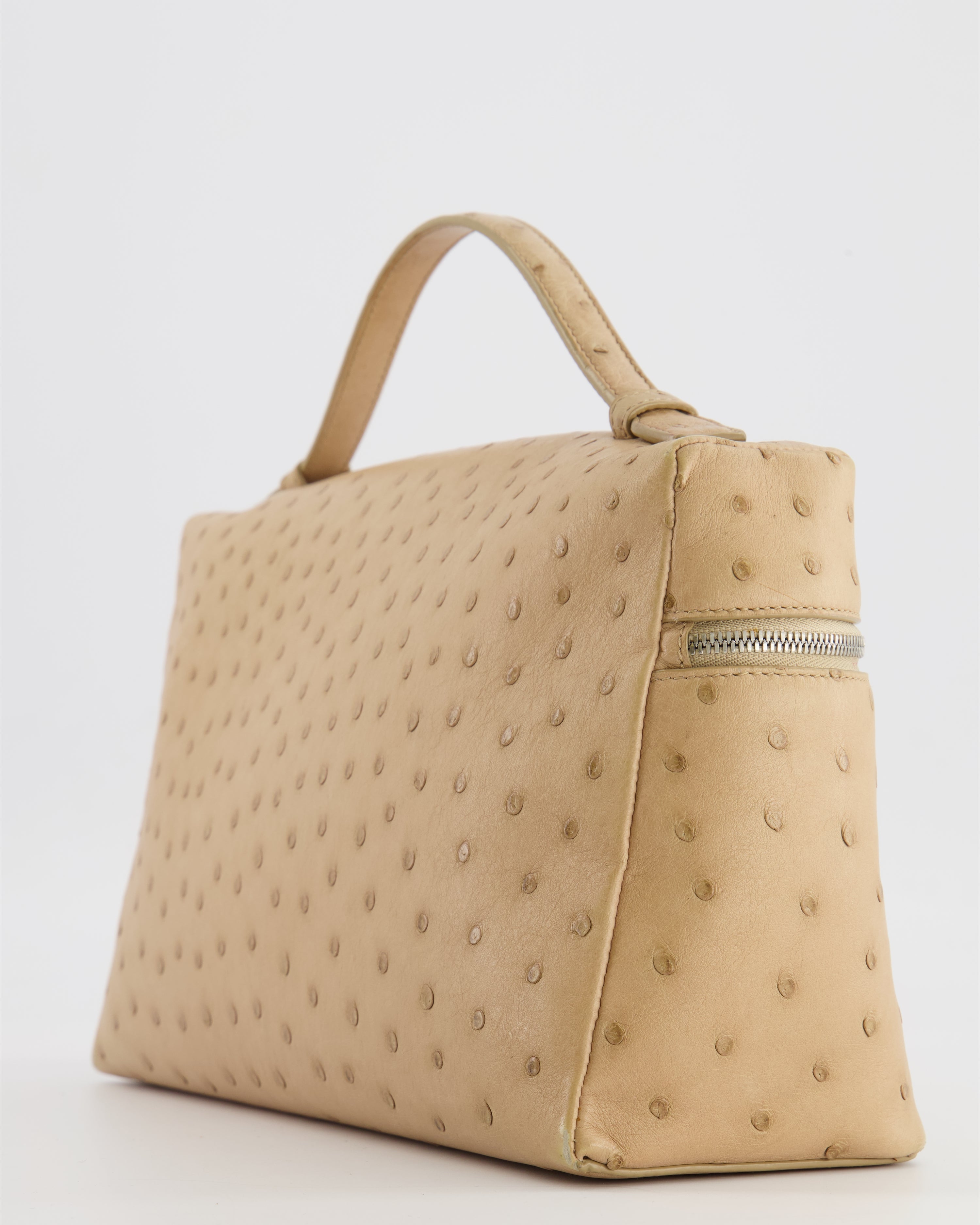 Loro Piana Extra Pocket L27 Pouch Bag in Beige Ostrich Leather with Silver Hardware