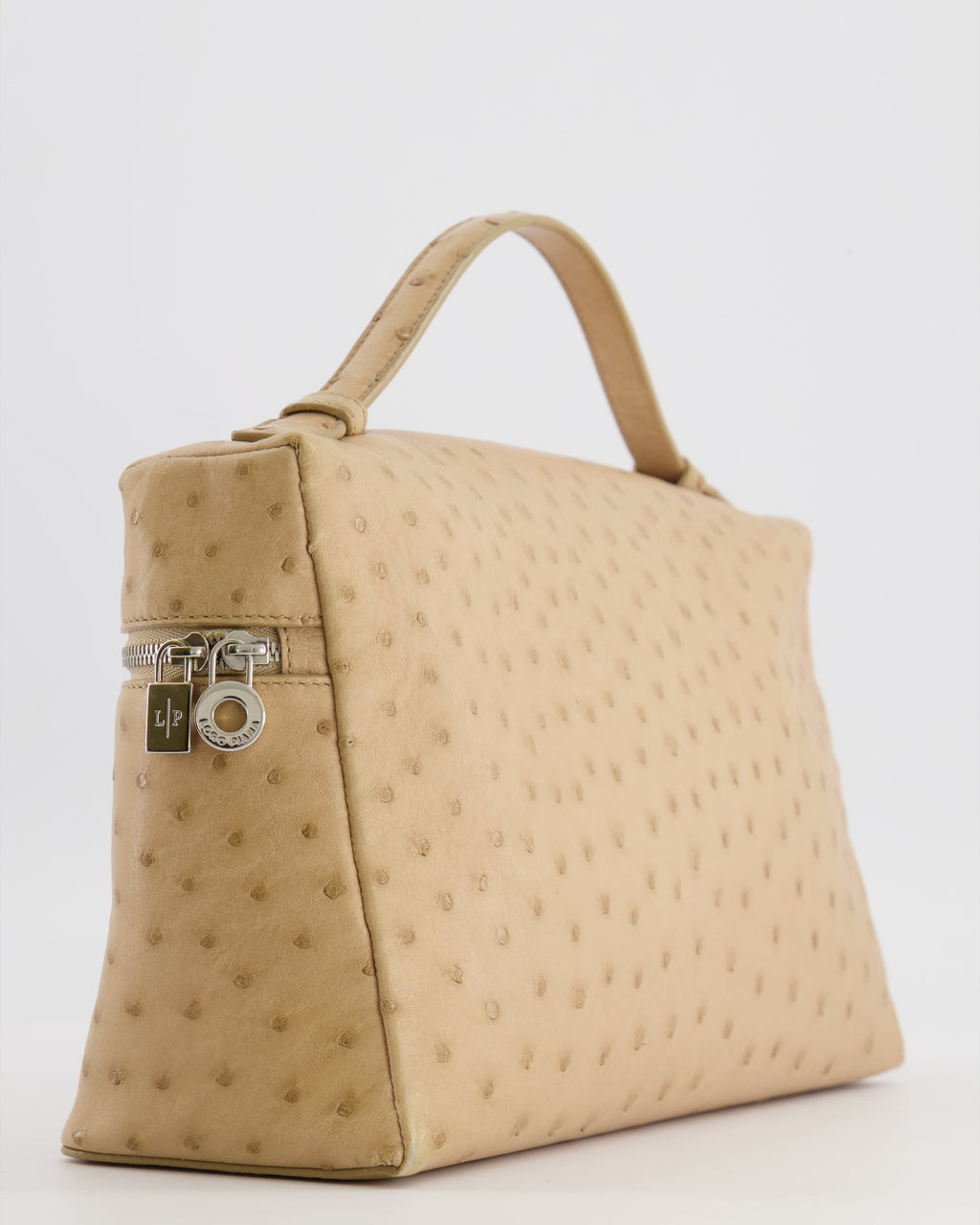 Loro Piana Extra Pocket L27 Pouch Bag in Beige Ostrich Leather with Silver Hardware