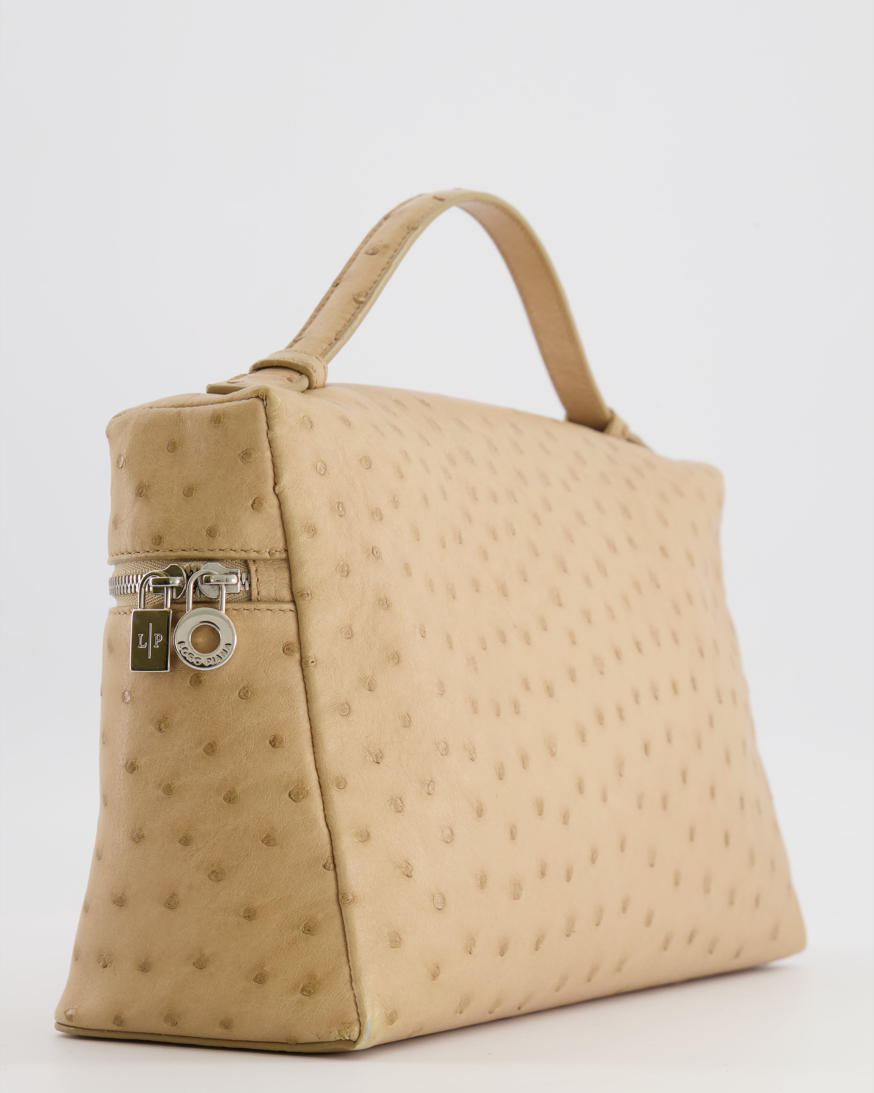 Loro Piana Extra Pocket L27 Pouch Bag in Beige Ostrich Leather with Silver Hardware