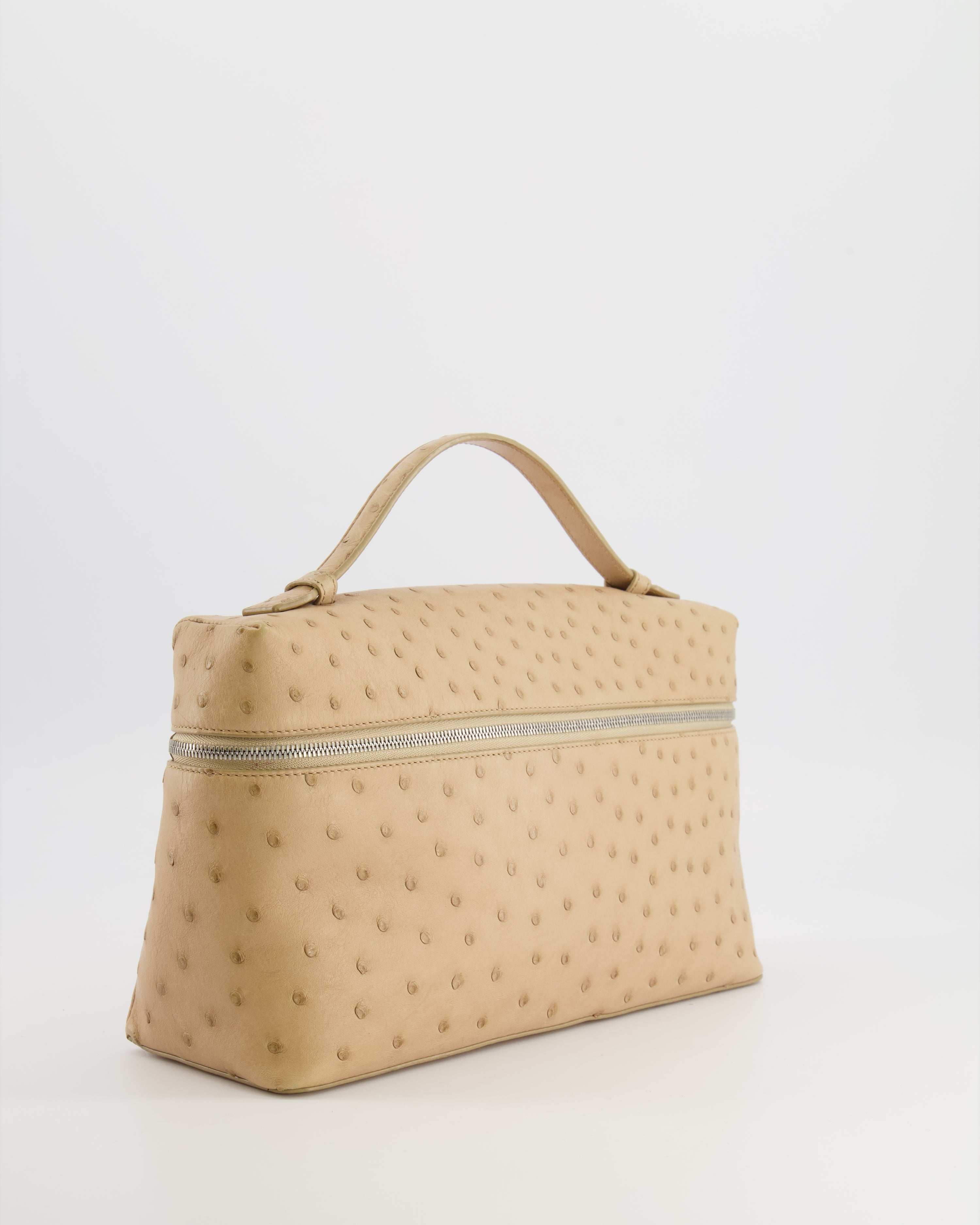 Loro Piana Extra Pocket L27 Pouch Bag in Beige Ostrich Leather with Silver Hardware