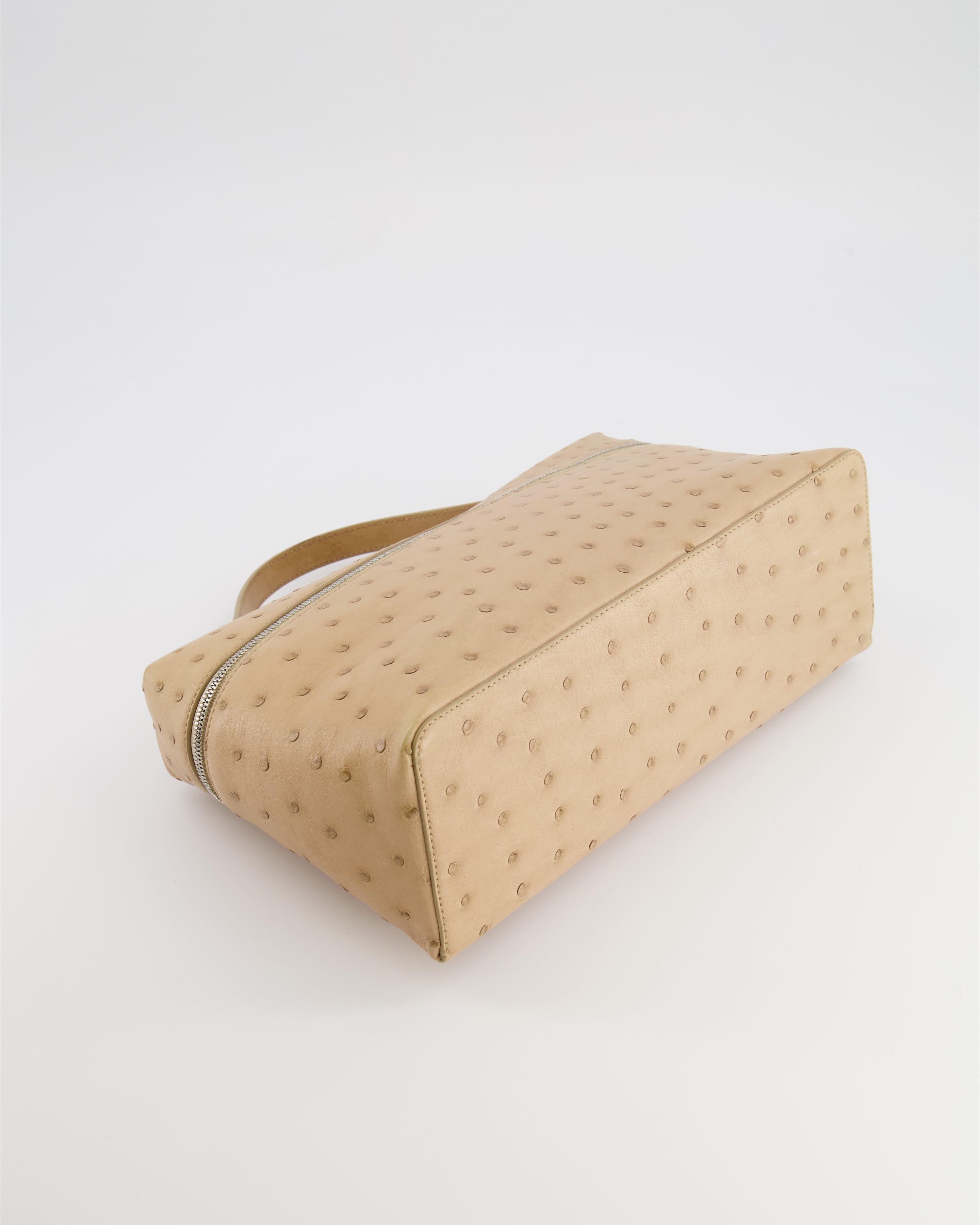 Loro Piana Extra Pocket L27 Pouch Bag in Beige Ostrich Leather with Silver Hardware