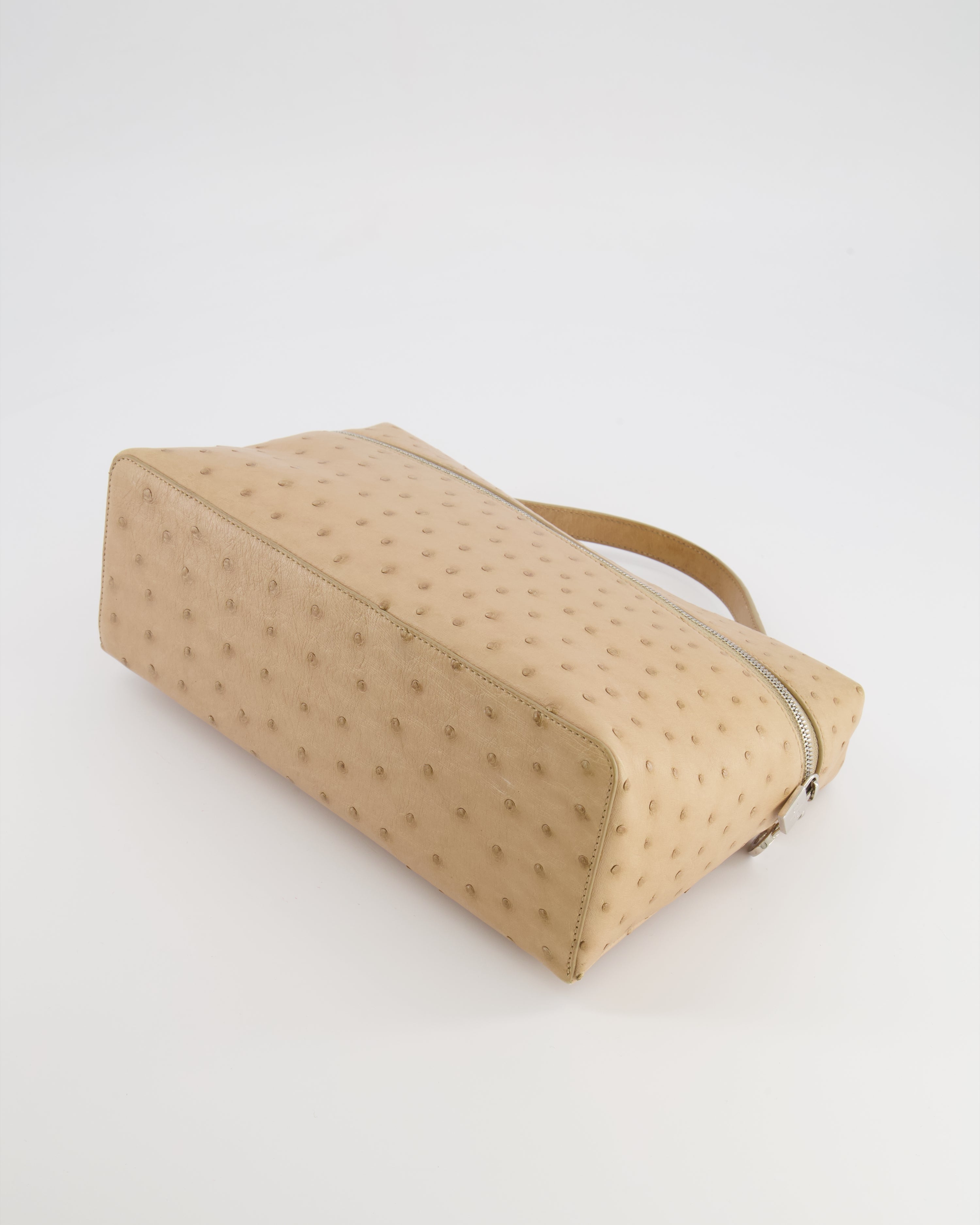 Loro Piana Extra Pocket L27 Pouch Bag in Beige Ostrich Leather with Silver Hardware