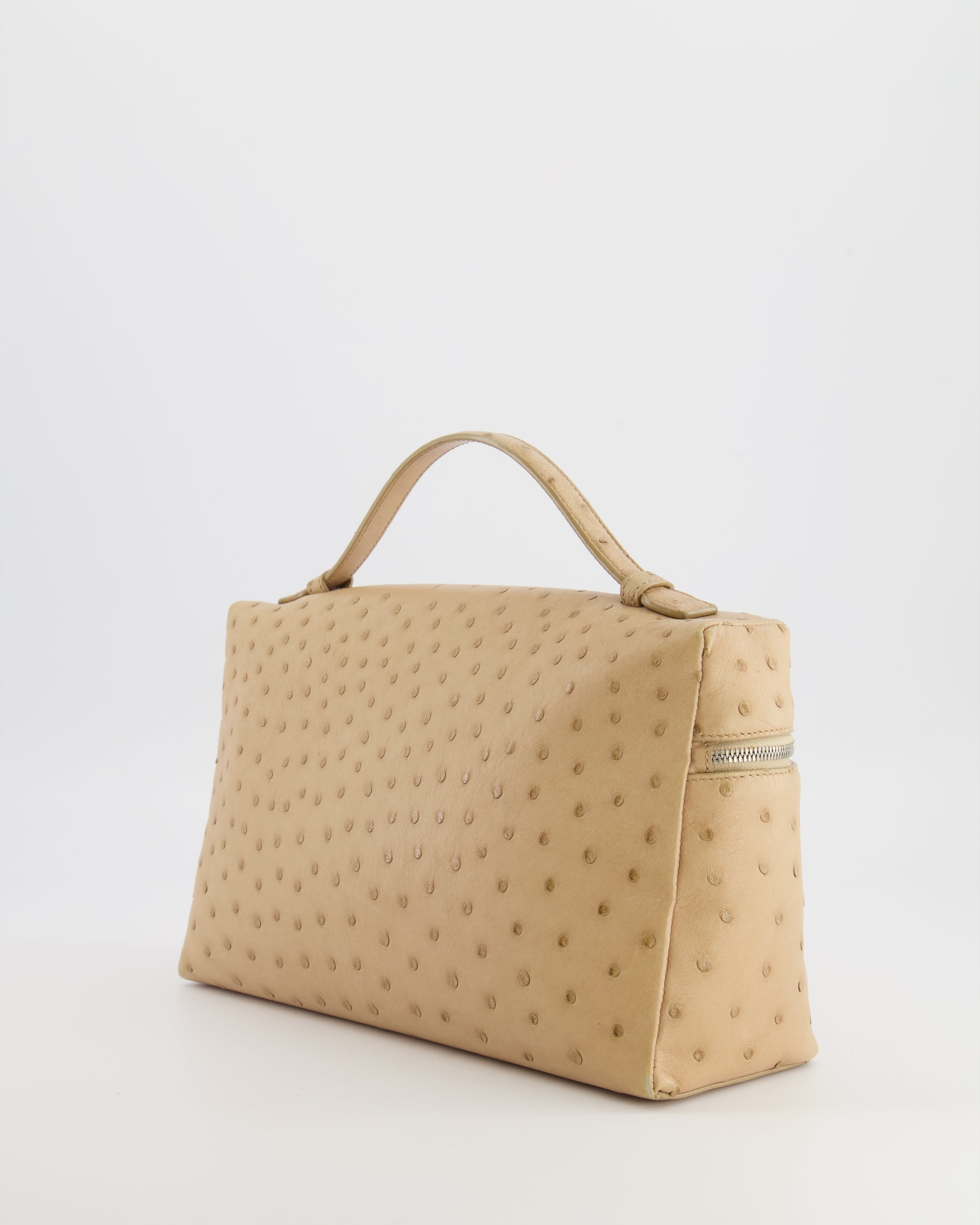 Loro Piana Extra Pocket L27 Pouch Bag in Beige Ostrich Leather with Silver Hardware