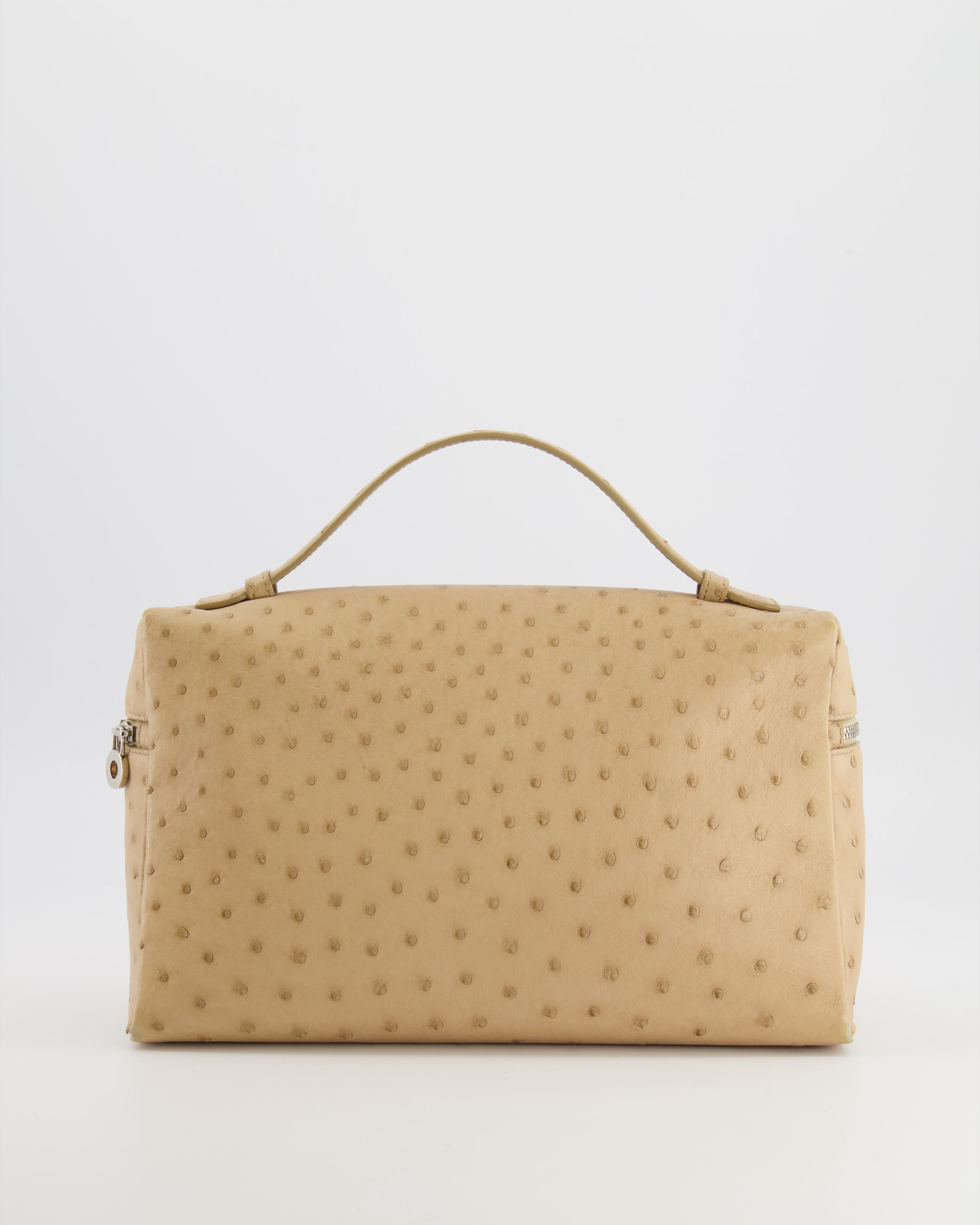 Loro Piana Extra Pocket L27 Pouch Bag in Beige Ostrich Leather with Silver Hardware