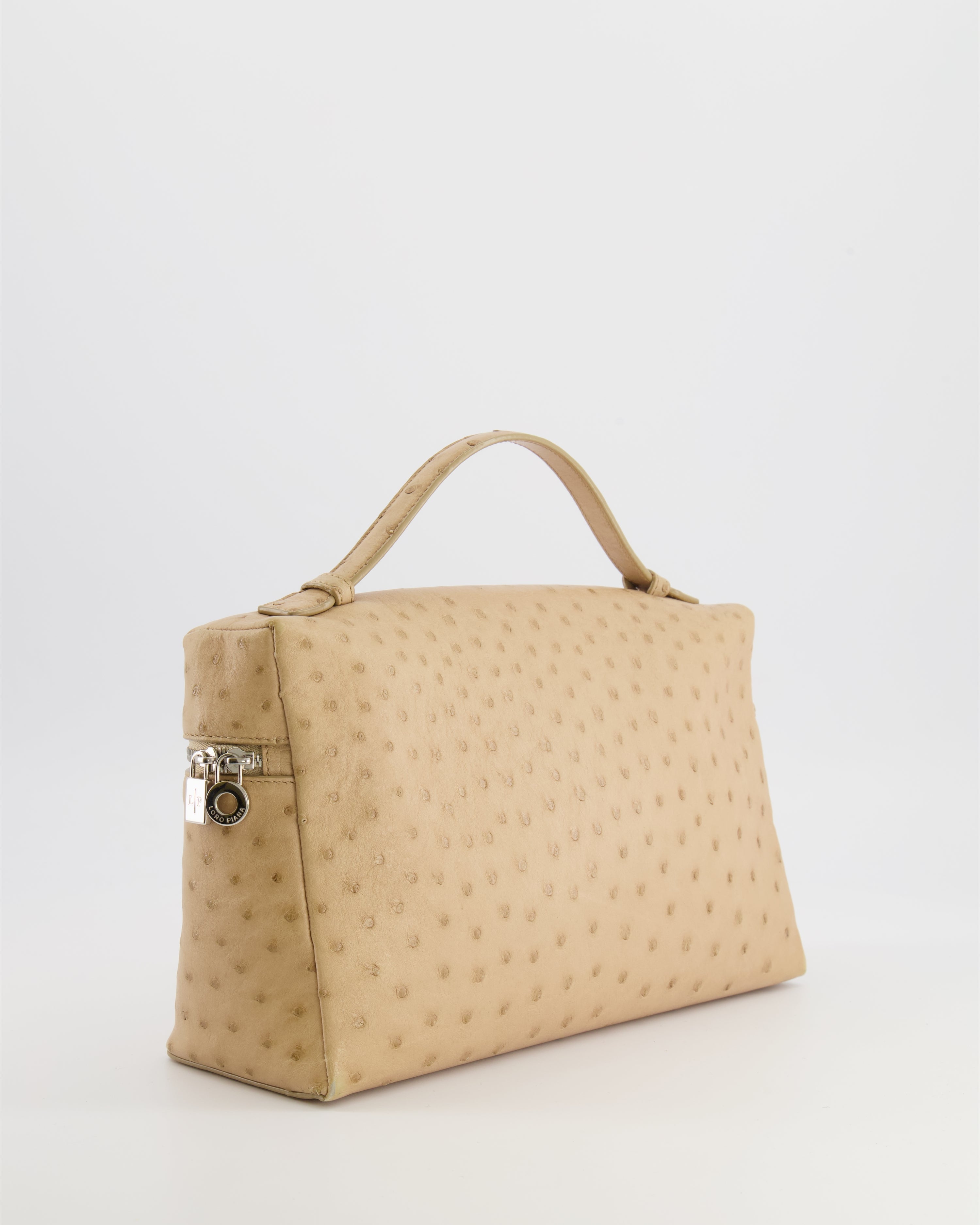 Loro Piana Extra Pocket L27 Pouch Bag in Beige Ostrich Leather with Silver Hardware