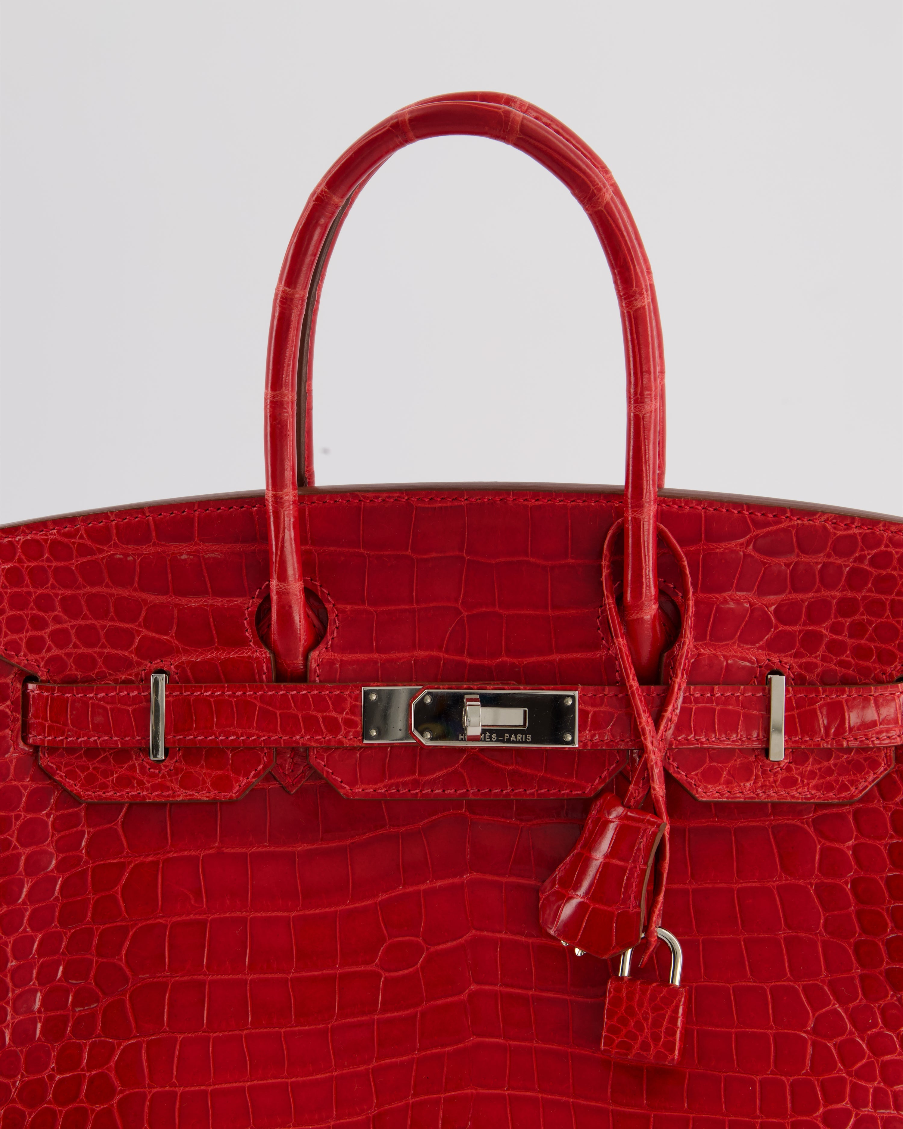 *HOT & RARE* Hermès Birkin 30 Retourne Bag in Braise Shiny Porosus Crocodile Leather with Palladium Hardware