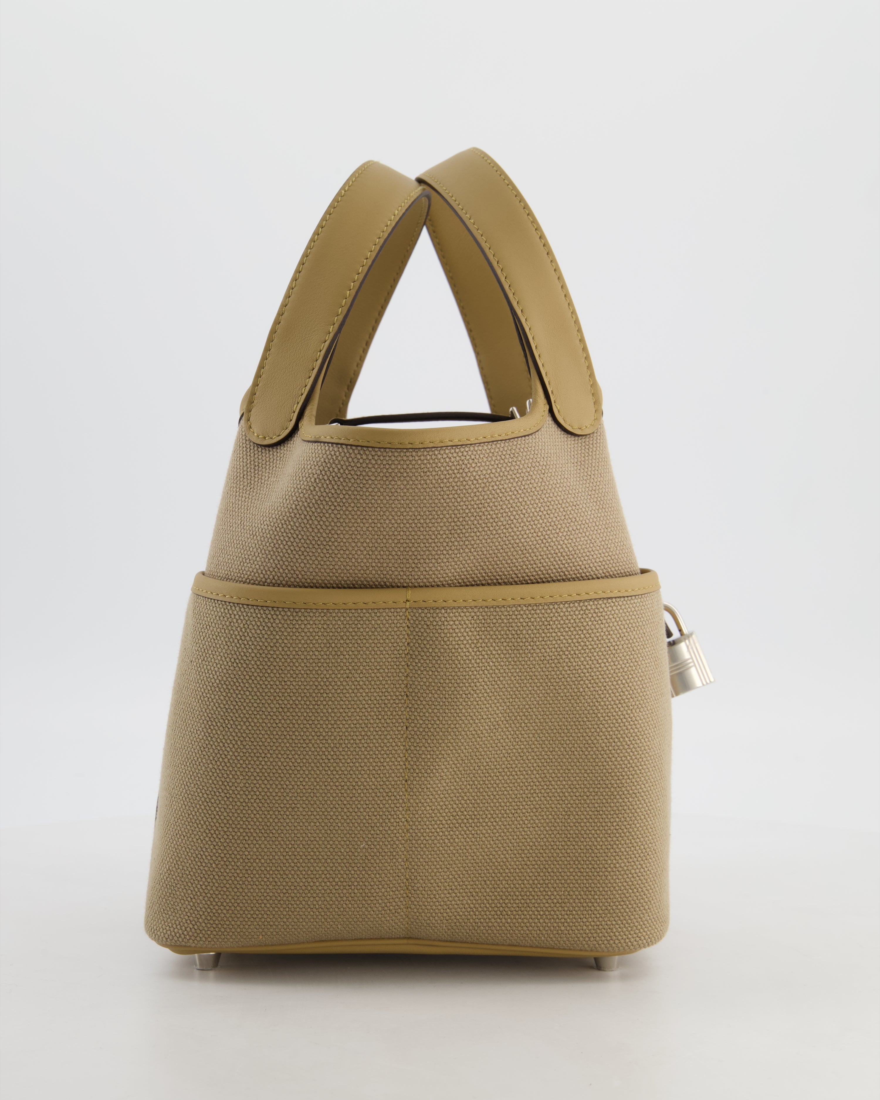 *HOT* Hermès Picotin 18 Lock Pocket Cargo Bag in Beige Marfa Toile Goeland & Poussiere Swift Leather with Palladium Hardware