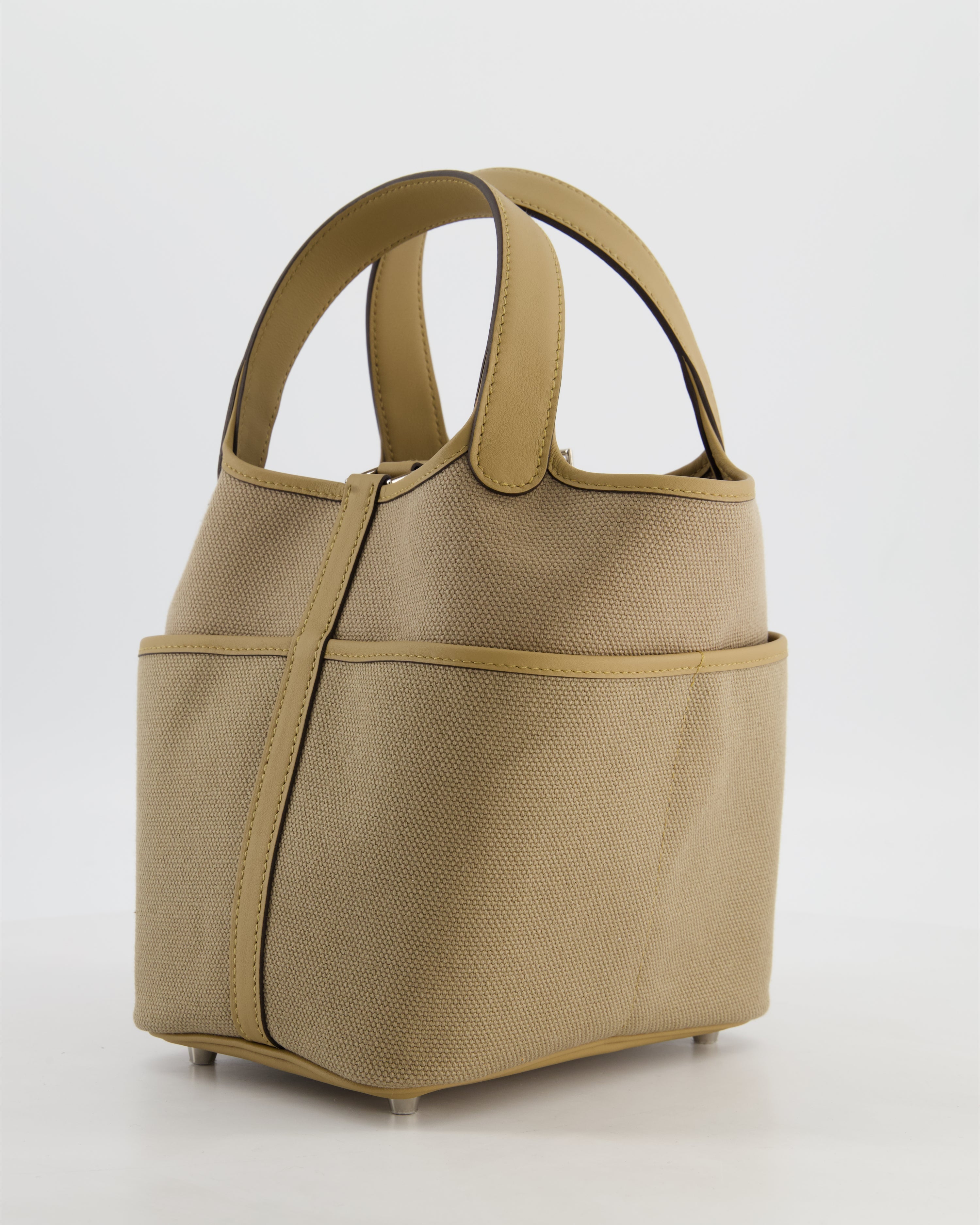 *HOT* Hermès Picotin 18 Lock Pocket Cargo Bag in Beige Marfa Toile Goeland & Poussiere Swift Leather with Palladium Hardware