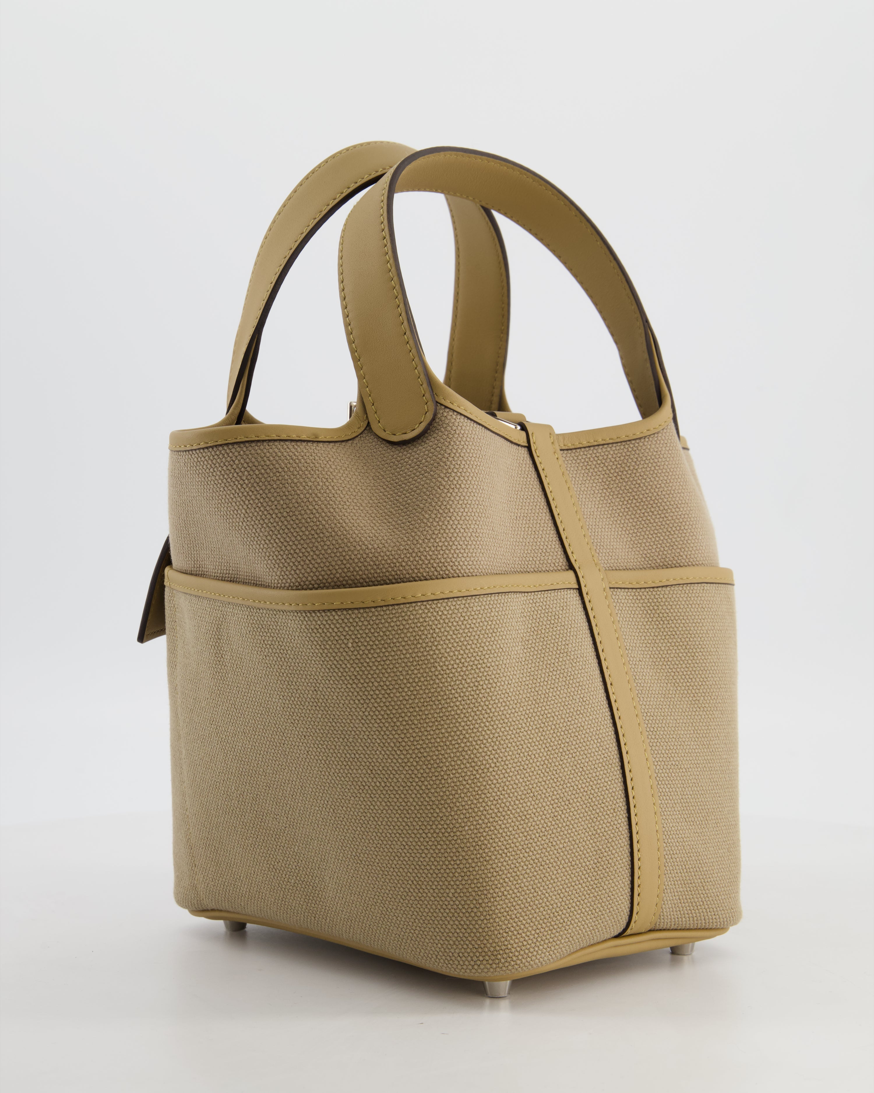 *HOT* Hermès Picotin 18 Lock Pocket Cargo Bag in Beige Marfa Toile Goeland & Poussiere Swift Leather with Palladium Hardware