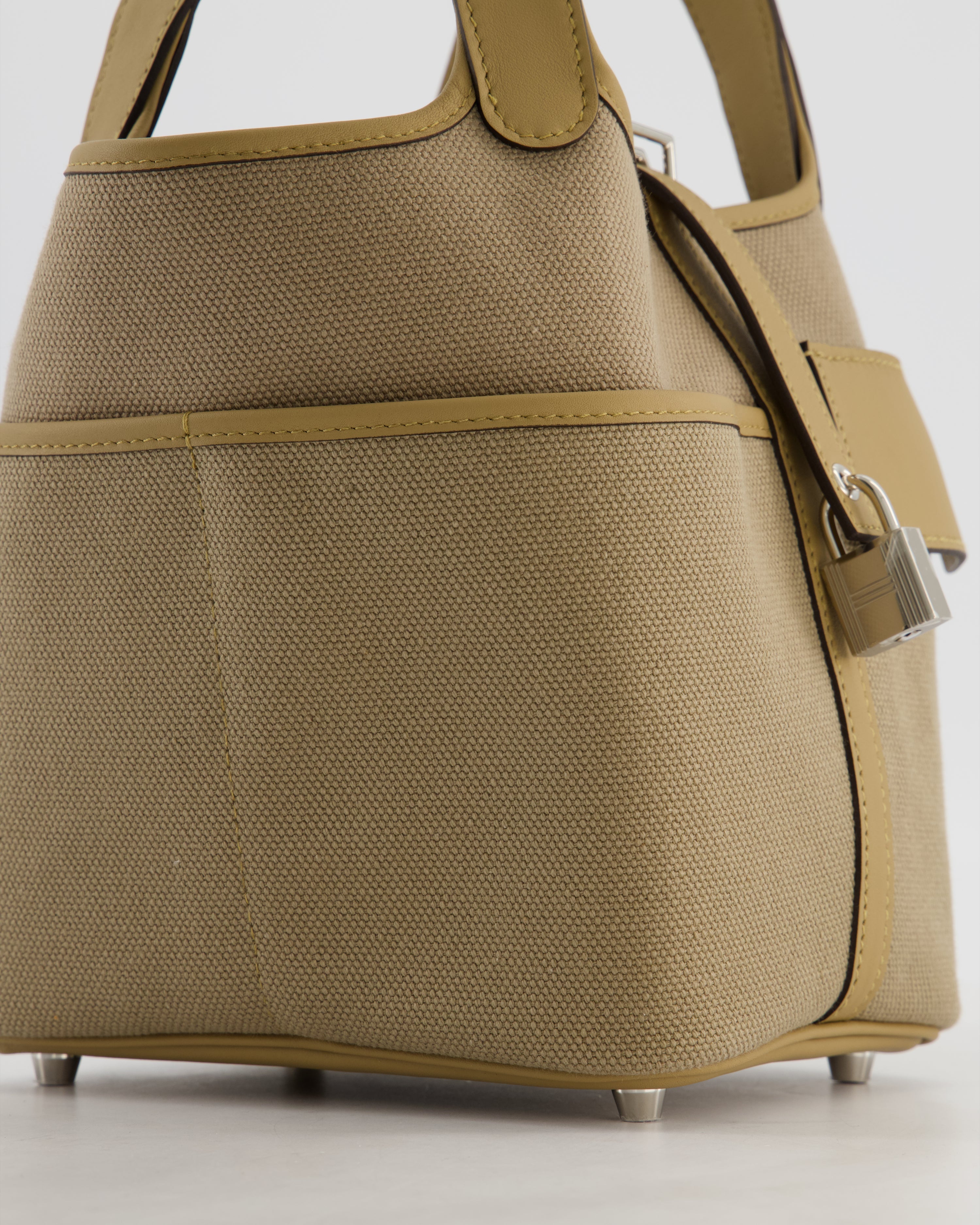 *HOT* Hermès Picotin 18 Lock Pocket Cargo Bag in Beige Marfa Toile Goeland & Poussiere Swift Leather with Palladium Hardware